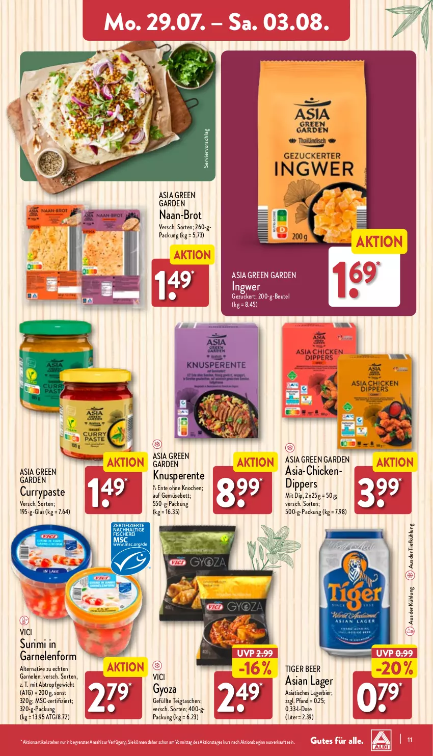 Aktueller Prospekt Aldi Nord - Von Montag - von 29.07 bis 03.08.2024 - strona 11 - produkty: Asia Green Garden, aus der tiefkühlung, bett, beutel, bier, brot, curry, dip, ente, garnelen, gin, ingwer, Lagerbier, Tasche, taschen, Ti, tisch, Yo, ZTE, zucker