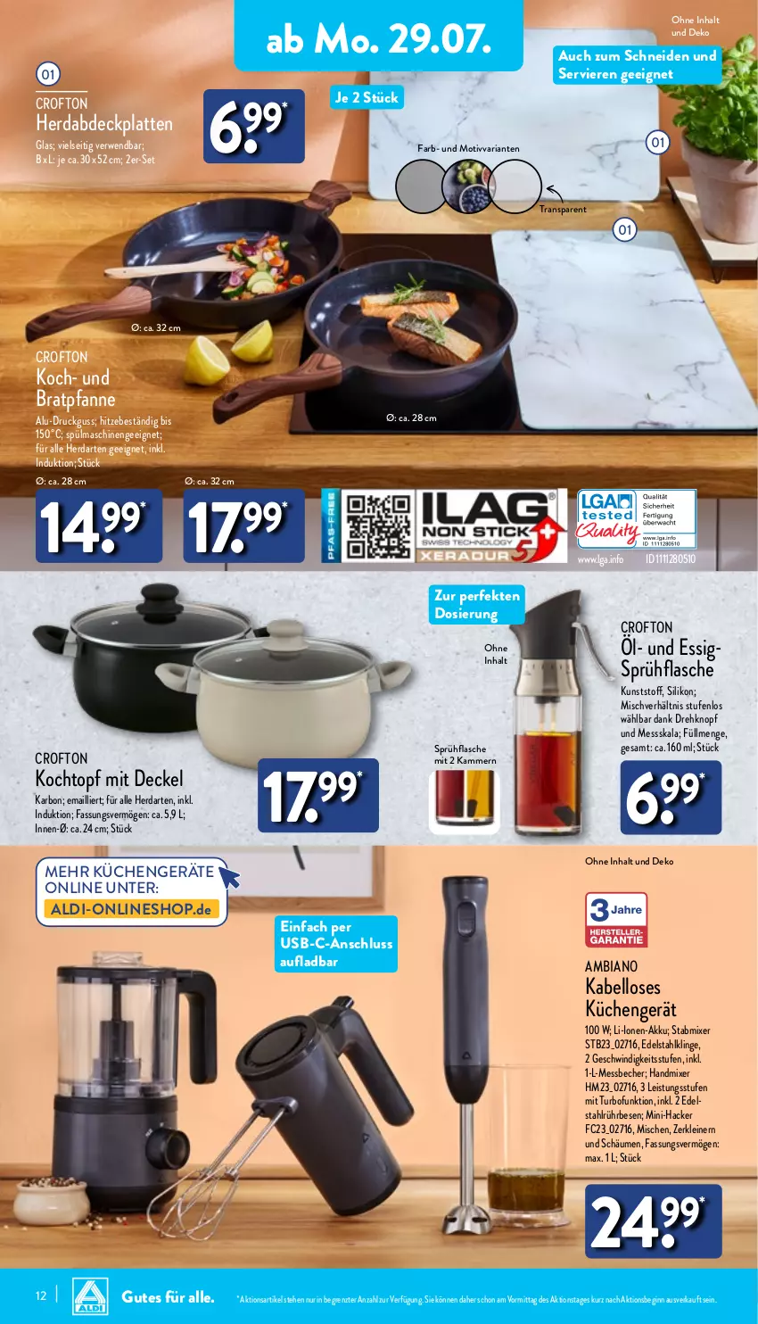 Aktueller Prospekt Aldi Nord - Von Montag - von 29.07 bis 03.08.2024 - strona 12 - produkty: akku, aldi, ambia, Becher, bratpfanne, Crofton, decke, Deckel, edelstahl, eis, essig, flasche, gin, handmixer, herdarten, Kochtopf, küche, Küchen, latte, leine, LG, Messbecher, Mixer, pfanne, Ria, sprühflasche, stabmixer, Ti, topf, usb, ZTE