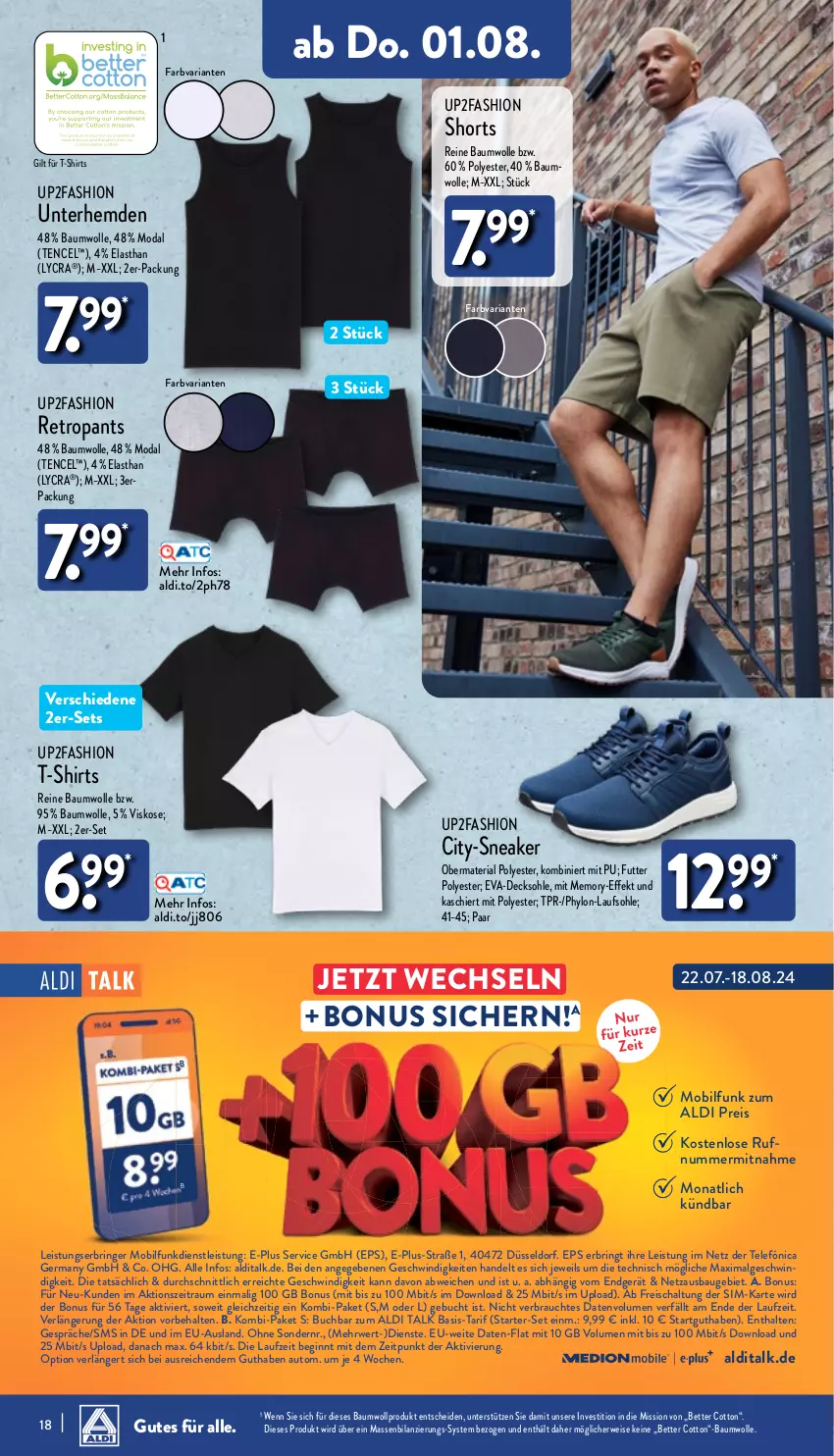 Aktueller Prospekt Aldi Nord - Von Montag - von 29.07 bis 03.08.2024 - strona 18 - produkty: aldi, aldi talk, auto, Bau, baumwolle, bett, buch, decksohle, eis, Germ, gin, hemd, hemden, Hylo, LG, Pants, Rauch, reine baumwolle, reis, Retropants, Ria, ring, rwe, Schal, shirt, shirts, shorts, sim, sneaker, T-Shirt, Ti, Unterhemd, unterhemden, up2fashion, usb, wolle