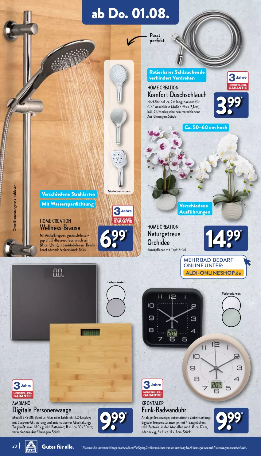 Aktueller Prospekt Aldi Nord - Von Montag - von 29.07 bis 03.08.2024 - strona 20 - produkty: aldi, ambia, auto, Bad, bambus, batterie, batterien, brause, dell, edelstahl, elle, gin, kraft, Kunstpflanze, Mode, natur, orchidee, Personenwaag, personenwaage, pflanze, Ria, Schal, schlauch, Ti, tisch, topf, uhr, Waage, wanduhr, wasser, ZTE