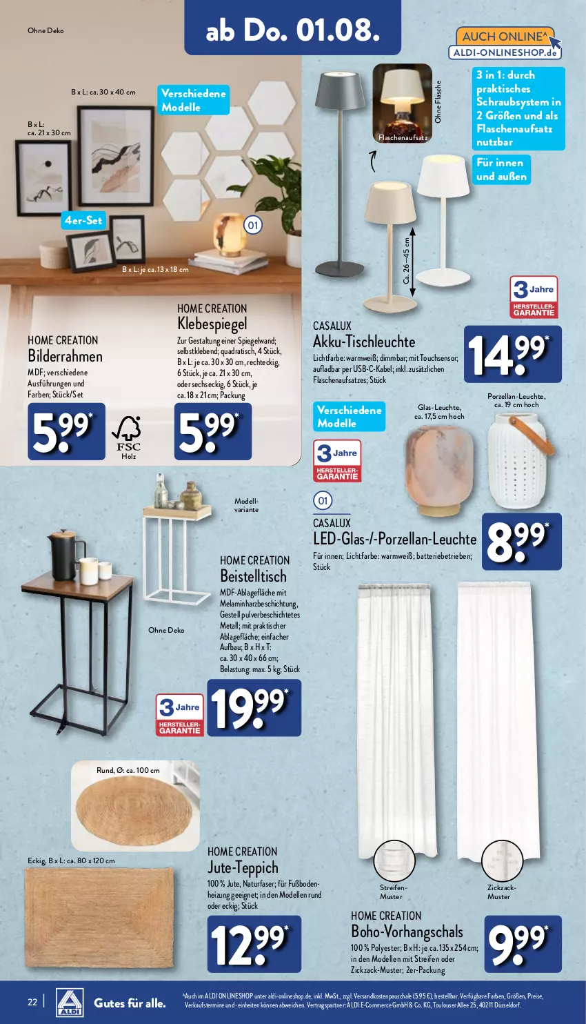 Aktueller Prospekt Aldi Nord - Von Montag - von 29.07 bis 03.08.2024 - strona 22 - produkty: akku, aldi, batterie, Bau, beistelltisch, bilderrahmen, dell, eis, elle, flasche, Holz, Leuchte, Mode, natur, ndk, quad, reifen, reis, Ria, Schal, Schale, spiegel, teppich, Ti, tisch, tischleuchte, usb