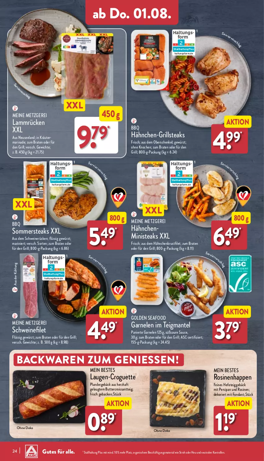 Aktueller Prospekt Aldi Nord - Von Montag - von 29.07 bis 03.08.2024 - strona 24 - produkty: backwaren, braten, brustfilet, butter, Croissant, Elan, filet, garnelen, geback, gewürz, grill, hähnchenbrust, hähnchenbrustfilet, Hefe, henkel, Heu, kräuter, lamm, Lammrücken, Mantel, marinade, Plunder, Ria, sauce, schenkel, schwein, schweine, schweinefilet, schweinerücken, steak, steaks, Ti, wein, weine