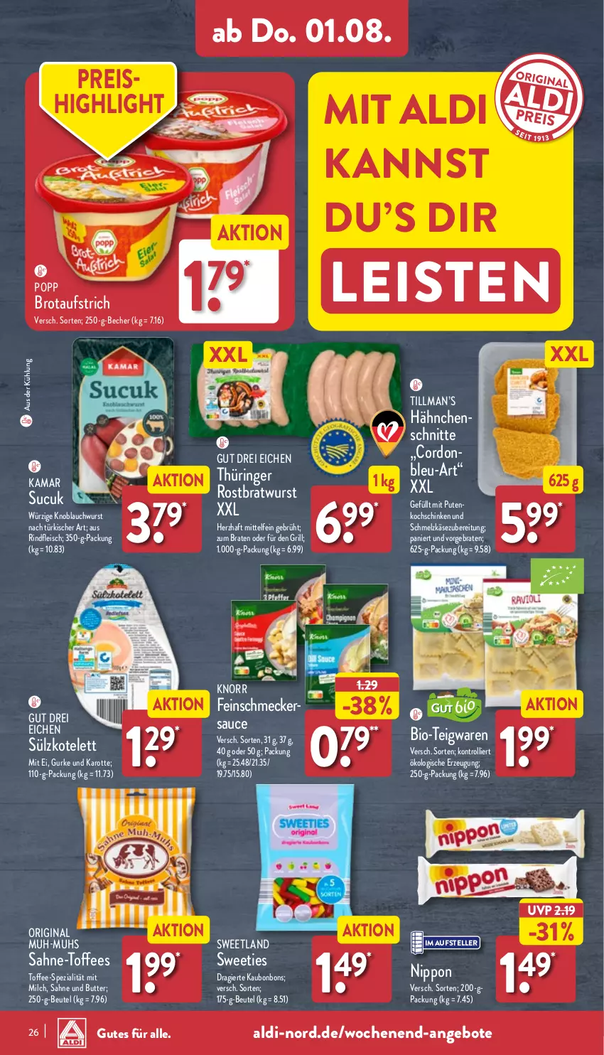 Aktueller Prospekt Aldi Nord - Von Montag - von 29.07 bis 03.08.2024 - strona 26 - produkty: aldi, angebot, angebote, aufstrich, Becher, beutel, bio, bonbons, braten, bratwurst, brot, brotaufstrich, butter, eis, elle, fleisch, gin, grill, gurke, Käse, knoblauch, knorr, kochschinken, kotelett, milch, nippon, Popp, pute, reis, rind, rindfleisch, ring, rostbratwurst, sahne, sauce, schinken, Spezi, Sucuk, Sweetland, teigwaren, teller, thüringer rostbratwurst, Ti, trolli, wurst