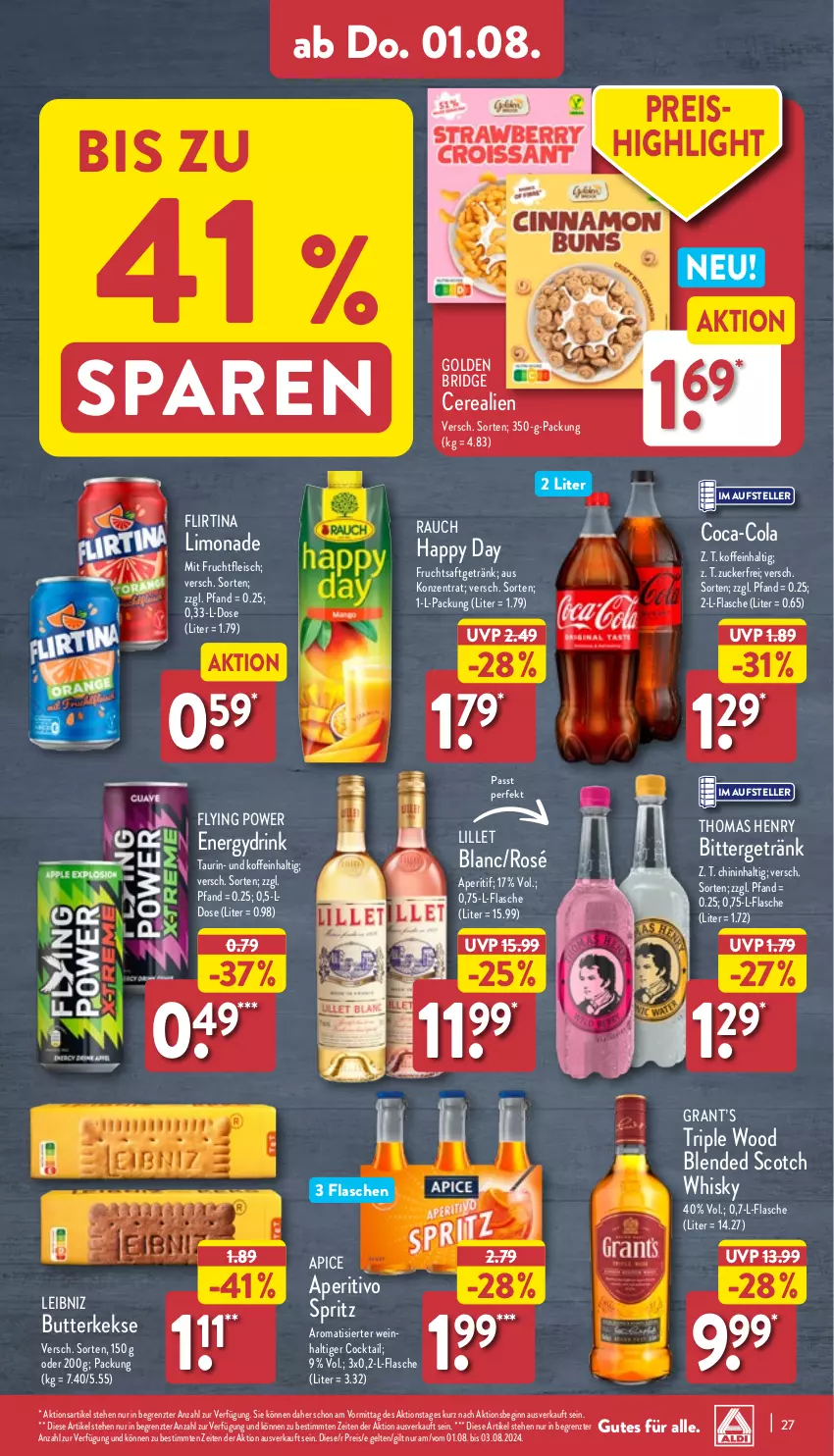 Aktueller Prospekt Aldi Nord - Von Montag - von 29.07 bis 03.08.2024 - strona 27 - produkty: aperitif, blended scotch, blended scotch whisky, butter, butterkeks, cerealien, coca-cola, cocktail, cola, drink, eis, elle, flasche, fleisch, frucht, fruchtfleisch, fruchtsaft, fruchtsaftgetränk, getränk, gin, Happy Day, keks, kekse, leibniz, lillet, limo, limonade, mit frucht, Rauch, reis, saft, scotch, scotch whisky, teller, thomas henry, Ti, wein, whisky, ZTE, zucker