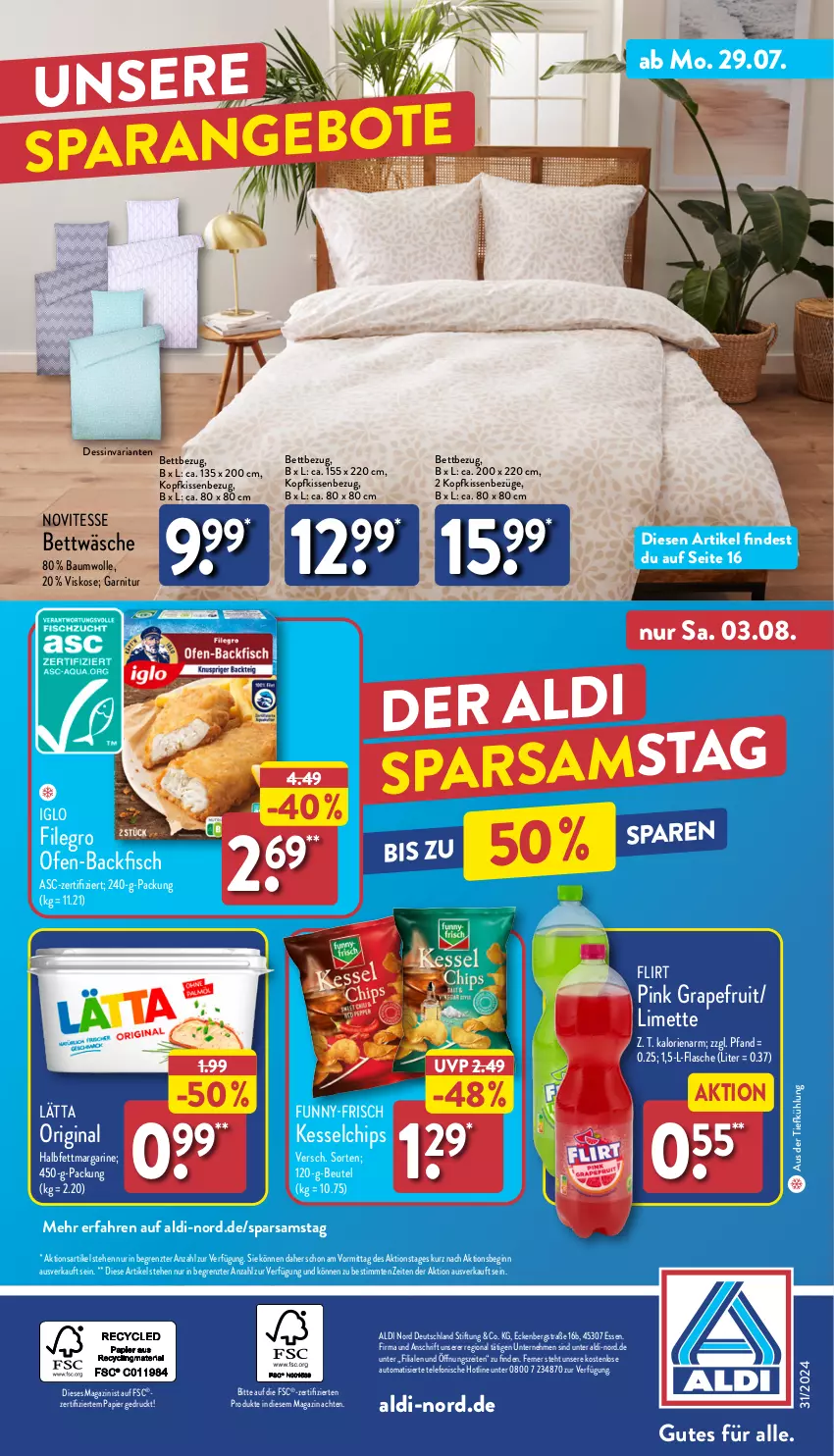 Aktueller Prospekt Aldi Nord - Von Montag - von 29.07 bis 03.08.2024 - strona 33 - produkty: aldi, aus der tiefkühlung, auto, backfisch, Bau, baumwolle, bett, bettwäsche, beutel, chips, filegro, fisch, flasche, funny-frisch, garnitur, gin, iglo, kissen, Kissenbezug, kopfkissen, kopfkissenbezug, lätta, limette, magazin, margarine, Mett, Ofen, ofen-backfisch, papier, Ria, telefon, Ti, wolle, ZTE