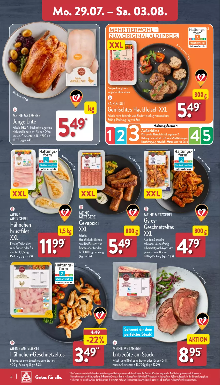 Aktueller Prospekt Aldi Nord - Von Montag - von 29.07 bis 03.08.2024 - strona 4 - produkty: aldi, bio, braten, brustfilet, cevapcici, eis, ente, entrecôte, filet, fleisch, geschnetzeltes, gewürz, gin, grill, gyros, hackfleisch, hähnchenbrust, hähnchenbrustfilet, küche, Küchen, Ofen, reis, Ria, rind, rindfleisch, rwe, schinken, schwein, schwein und rind, schweine, steak, Ti, vom schwein und rind, wein, weine, Zelt