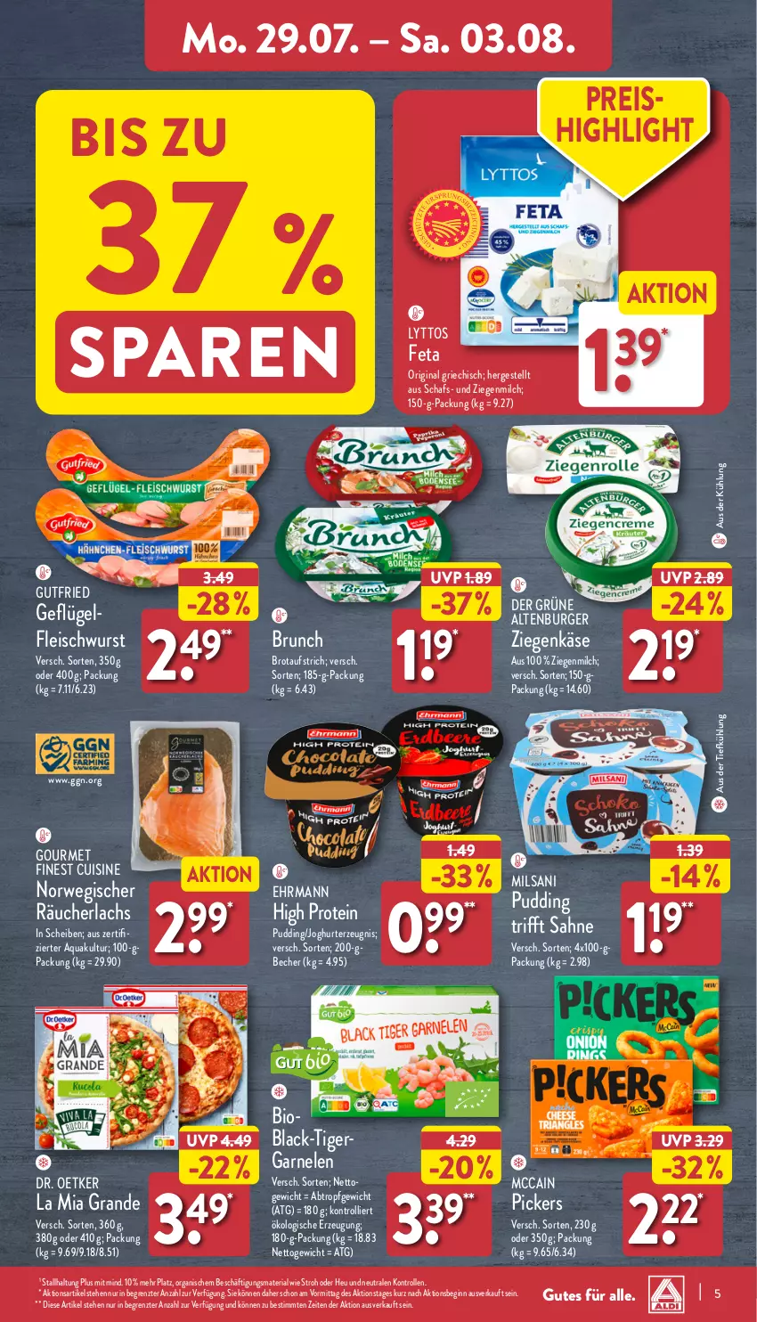 Aktueller Prospekt Aldi Nord - Von Montag - von 29.07 bis 03.08.2024 - strona 5 - produkty: altenburger, aqua, aufstrich, aus der tiefkühlung, Becher, bio, brot, brotaufstrich, burger, Dr. Oetker, ehrmann, eis, feta, fleisch, fleischwurst, garnelen, Geflügel, gin, gutfried, Heu, joghur, joghurt, Käse, lachs, lack, mccain, milch, pudding, Räucherlachs, reis, Ria, rwe, sahne, Ti, trolli, wurst, ziegenkäse, ZTE