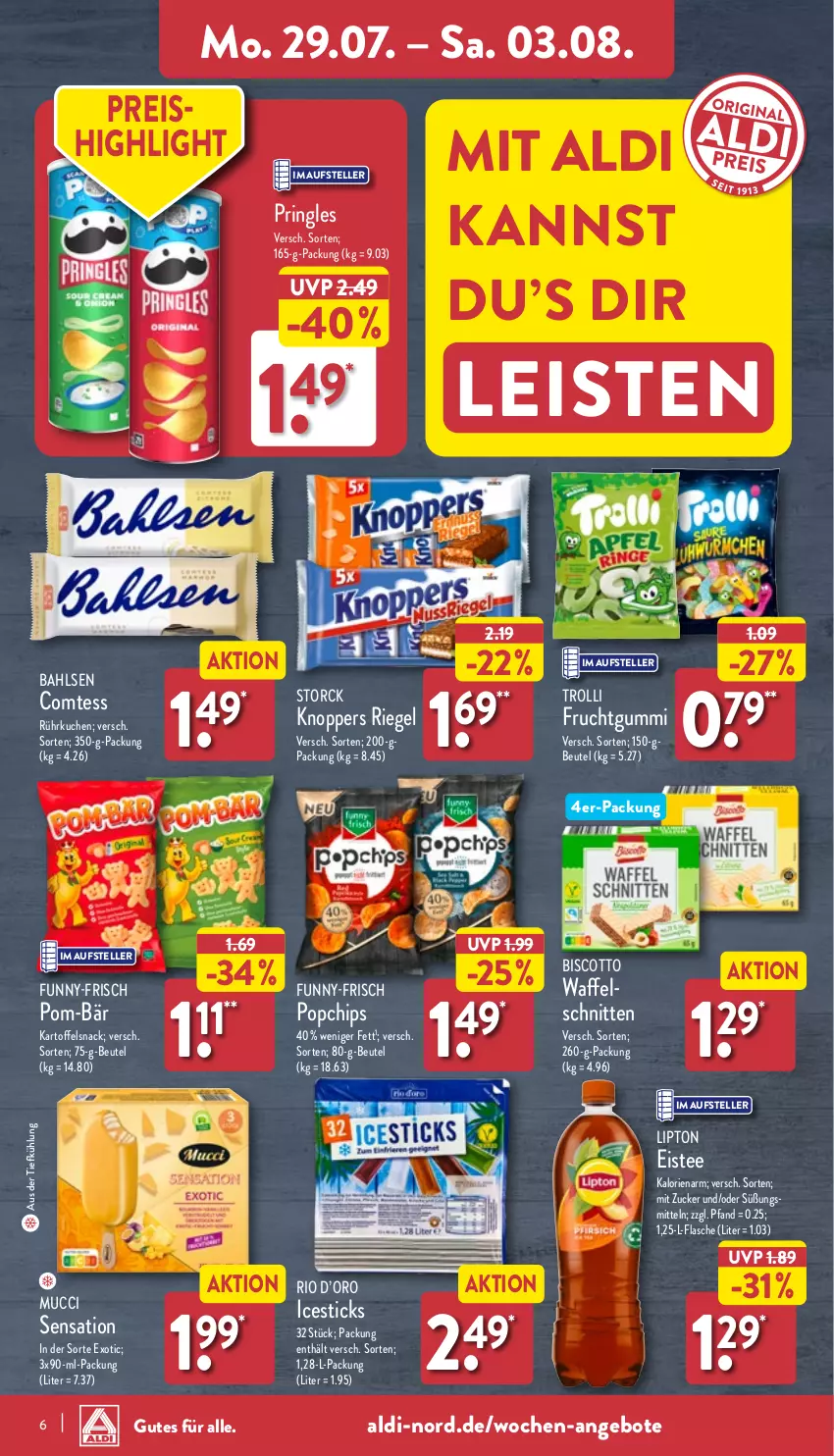 Aktueller Prospekt Aldi Nord - Von Montag - von 29.07 bis 03.08.2024 - strona 6 - produkty: aldi, angebot, angebote, aus der tiefkühlung, bahlsen, beutel, biscotto, chips, comtess, eis, eistee, elle, flasche, frucht, fruchtgummi, funny-frisch, kartoffel, knoppers, kuchen, lipton, pom-bär, pringles, reis, riegel, ring, schnitten, snack, storck, tee, teller, Ti, trolli, trolli fruchtgummi, Waffelschnitte, zucker