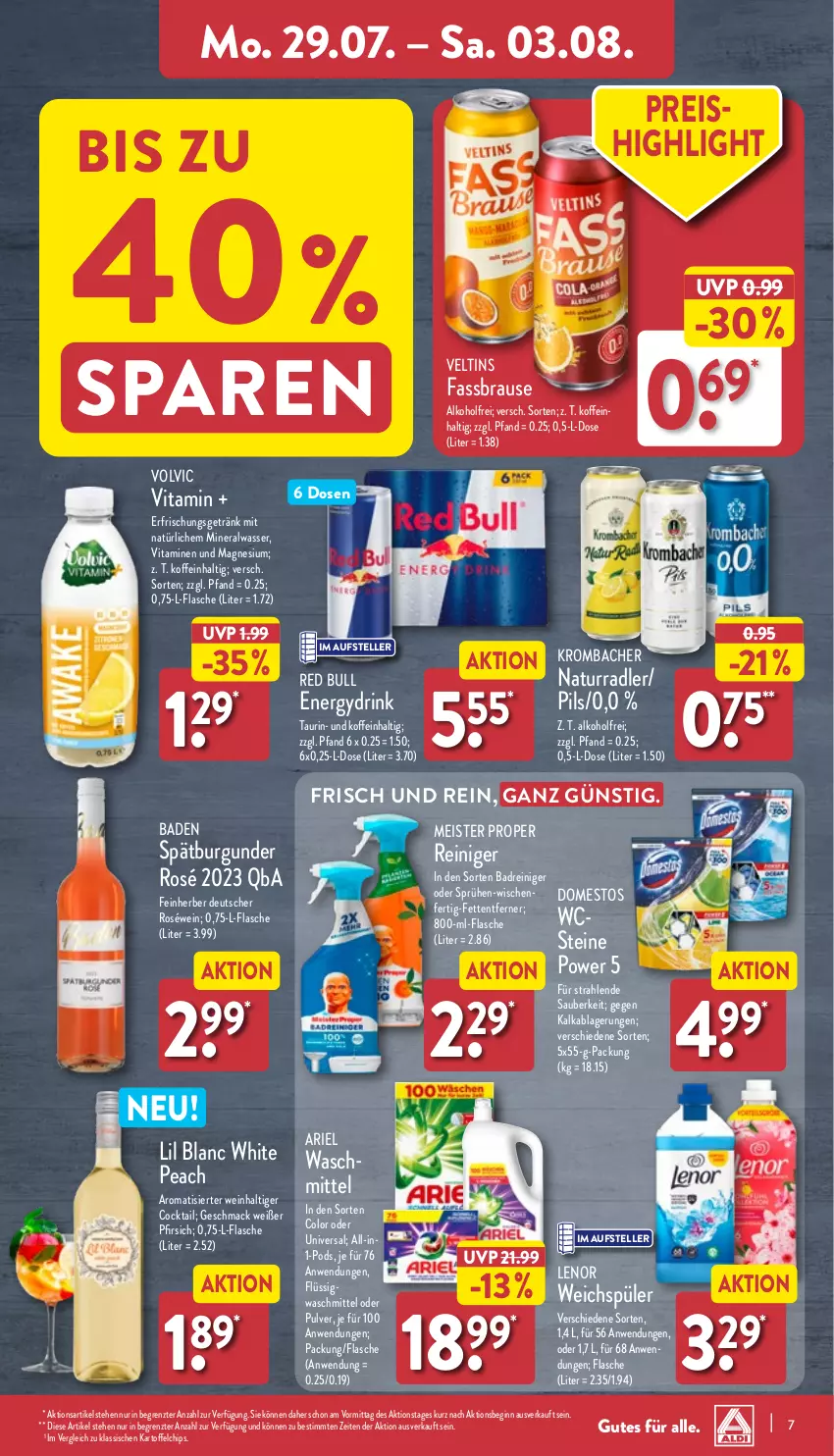 Aktueller Prospekt Aldi Nord - Von Montag - von 29.07 bis 03.08.2024 - strona 7 - produkty: alkohol, Alwa, ariel, Bad, brause, burgunder, chips, cocktail, domestos, drink, eis, elle, erfrischungsgetränk, fassbrause, flasche, getränk, gin, kartoffel, kartoffelchips, krombache, krombacher, lenor, lenor weichspüler, mac, magnesium, Meister, meister proper, mineralwasser, natur, pfirsich, pils, Pods, radler, red bull, reiniger, reis, roséwein, spätburgunder, teller, Ti, veltins, vita, Vitamine, volvic, waschmittel, wasser, weichspüler, wein, ZTE