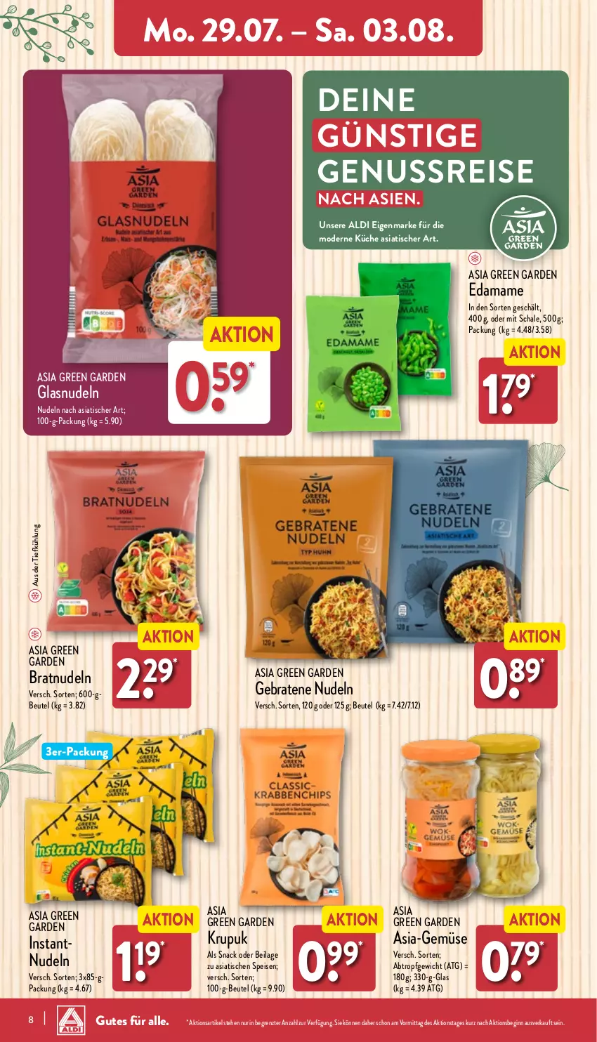 Aktueller Prospekt Aldi Nord - Von Montag - von 29.07 bis 03.08.2024 - strona 8 - produkty: aldi, Asia Green Garden, aus der tiefkühlung, beutel, braten, eis, gin, ilag, küche, mam, Mode, nudel, nudeln, nuss, reis, Schal, Schale, snack, Ti, tisch, ZTE