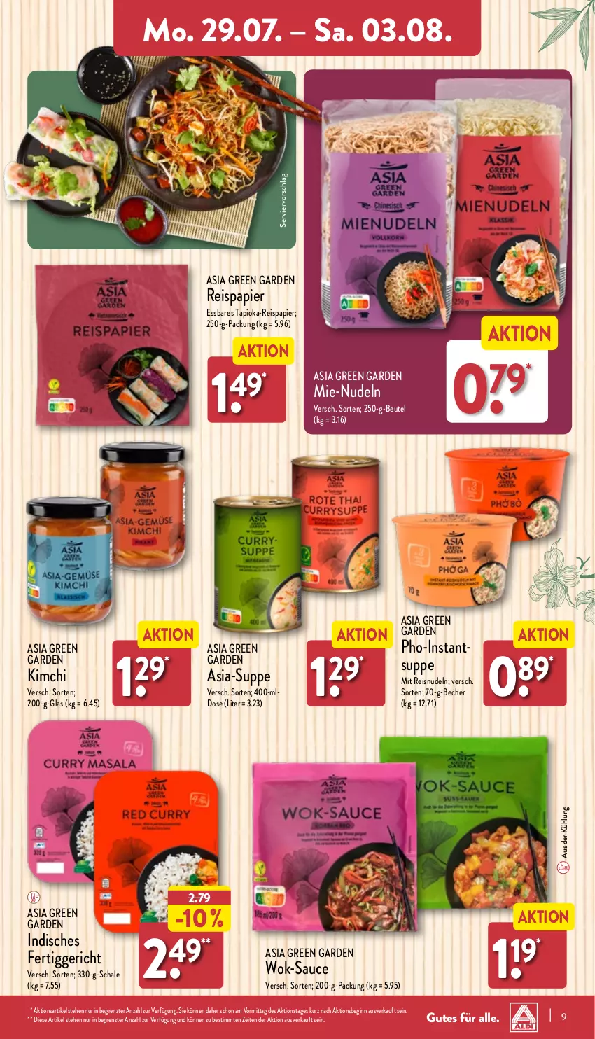 Aktueller Prospekt Aldi Nord - Von Montag - von 29.07 bis 03.08.2024 - strona 9 - produkty: Asia Green Garden, Becher, beutel, eis, fertiggericht, gin, nudel, nudeln, papier, reis, sauce, Schal, Schale, suppe, Ti, wok, ZTE