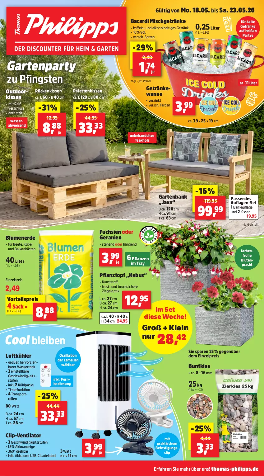 Aktueller Prospekt Thomas Philipps - von 18.05 bis 23.05.2026 - strona 1 - produkty: akku, alkohol, bacardi, Bank, blume, blumen, blumenerde, Blüte, deka, eis, elle, erde, fernbedienung, Garten, gartenbank, geranie, geranien, getränk, getränke, Holz, kissen, ladekabel, Palette, Palettenkissen, pflanze, pflanzen, Pflanztopf, reis, Rückenkissen, sac, Sport, Ti, timer, tisch, topf, usb, ventilator, vorteilspreis, Wanne, wasser, wassertank
