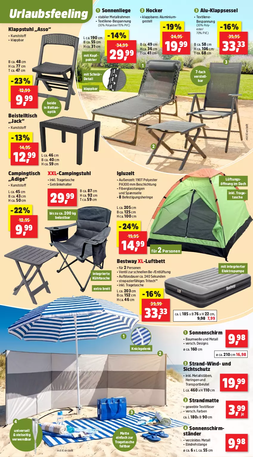 Aktueller Prospekt Thomas Philipps - von 18.05 bis 23.05.2026 - strona 11 - produkty: alu-klappsessel, aluminiumgestell, auer, Bau, baumwolle, beistelltisch, bestway, bett, beutel, Brei, bsf, campingstuhl, Campingtisch, eis, Elektro, elle, getränk, getränke, getränkehalter, hering, hocker, klappsessel, klappstuhl, Liege, luftbett, ring, rwe, schirmständer, sessel, sonnenliege, sonnenschirm, Sport, strandmatte, stuhl, Tasche, Ti, tisch, tragetasche, wolle, Zelt