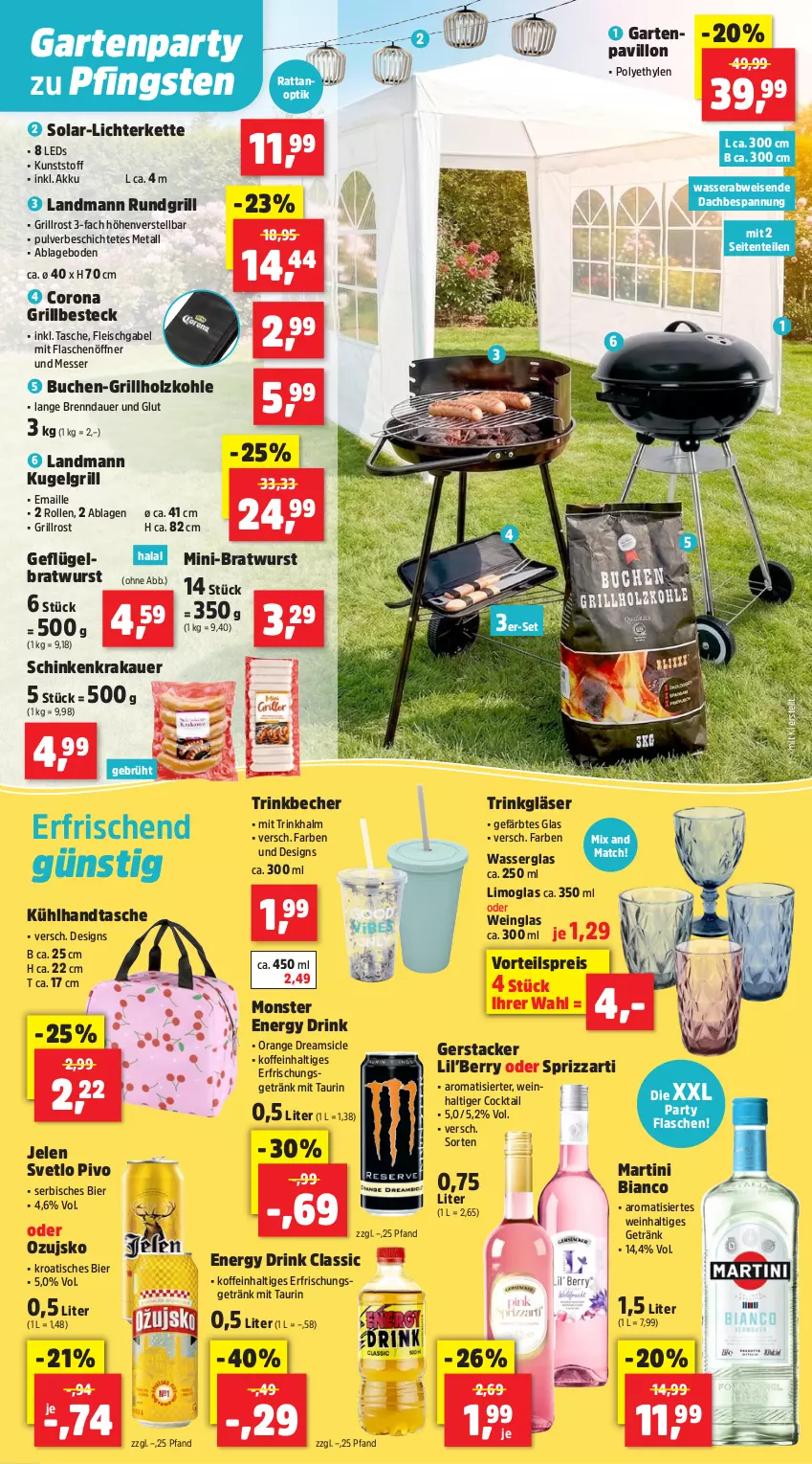 Aktueller Prospekt Thomas Philipps - von 18.05 bis 23.05.2026 - strona 15 - produkty: akku, auer, Becher, besteck, bier, bratwurst, buch, cocktail, corona, drink, eis, energy drink, ente, erfrischungsgetränk, flasche, flaschenöffner, fleisch, gabel, Garten, Geflügel, getränk, Gläser, grill, grillholzkohle, grillrost, Handtasche, Holz, holzkohle, Kette, krakauer, Kugel, kugelgrill, leds, LG, lichterkette, limo, maille, martini, messer, monster, Monster Energy, orange, pavillon, reis, rundgrill, schinken, schinkenkrakauer, Sprizz, Tasche, Ti, tisch, trinkbecher, vorteilspreis, wasser, wein, wurst