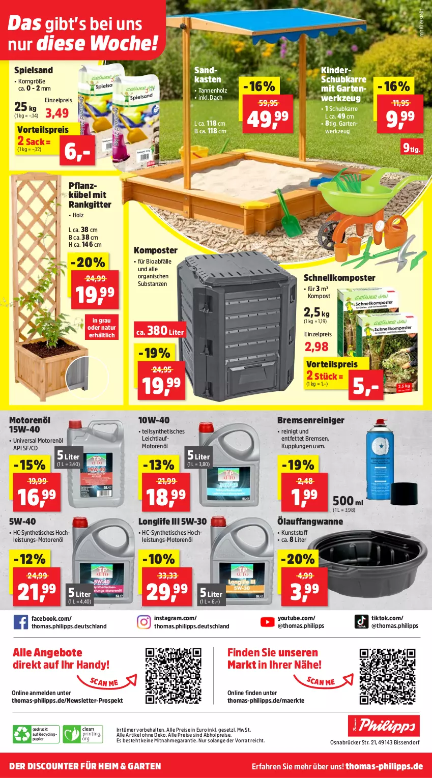 Aktueller Prospekt Thomas Philipps - von 18.05 bis 23.05.2026 - strona 24 - produkty: abholpreise, alle preise sind abholpreise, angebot, angebote, bio, Clin, discount, eis, Garten, Handy, Holz, Kinder, Komposter, korn, LG, longlife, motorenöl, natur, ndk, papier, reiniger, reis, sac, Sandkasten, spielsand, Ti, tisch, vorteilspreis, Wanne, werkzeug, Yo