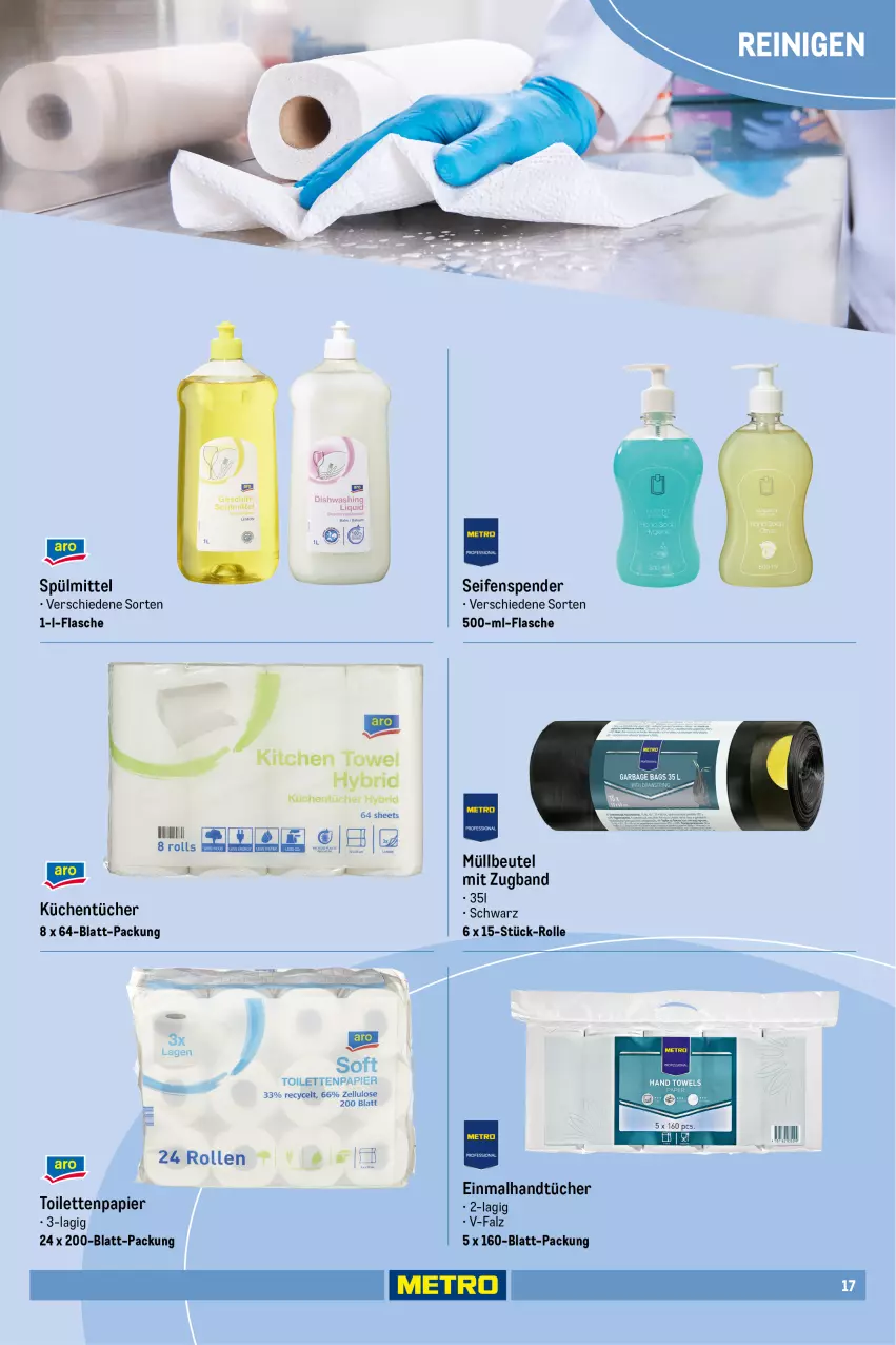 Aktueller Prospekt Metro - Office Sortiment - Seite 3 - von 01.10.2025 bis 01.06.2026 - strona 17 - produkty: beutel, Einmalhandtücher, flasche, geschirr, handtücher, küche, Küchen, küchentücher, müllbeutel, papier, Seife, seifenspender, spülmittel, toilettenpapier, tücher