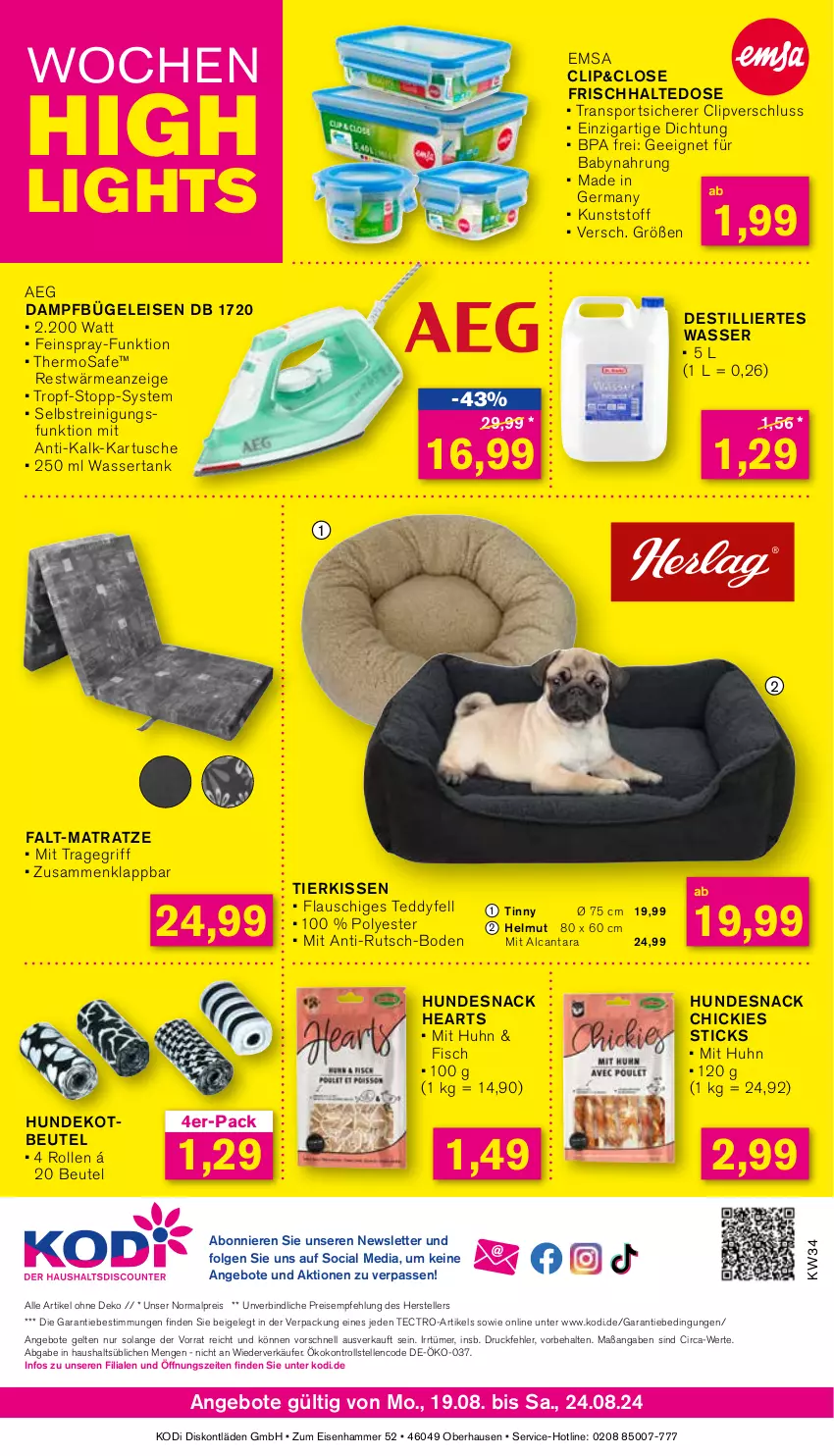 Aktueller Prospekt Kodi - Prospekte - von 12.08 bis 17.08.2024 - strona 8 - produkty: aeg, angebot, angebote, Babynahrung, beutel, bügel, Bügeleisen, dampfbügeleisen, eis, elle, emsa, fisch, Germ, hundesnack, kissen, lenco, LG, matratze, Reinigung, reis, snack, Sport, tectro, teller, Ti, tragegriff, wasser, wassertank