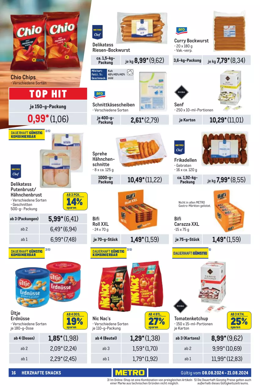 Aktueller Prospekt Metro - Händler Journal - von 08.08 bis 21.08.2024 - strona 16 - produkty: auer, beutel, bifi, bockwurst, braten, chio chips, chips, curry, dell, eis, elle, erdnüsse, frikadellen, hähnchenbrust, Käse, käsescheiben, ketchup, mac, Metro, metro gastro, milch, pute, putenbrust, reis, schnitten, schnittkäse, schnittkäsescheiben, senf, snack, snacks, Ti, tomate, tomaten, tomatenketchup, ültje, ültje erdnüsse, wurst