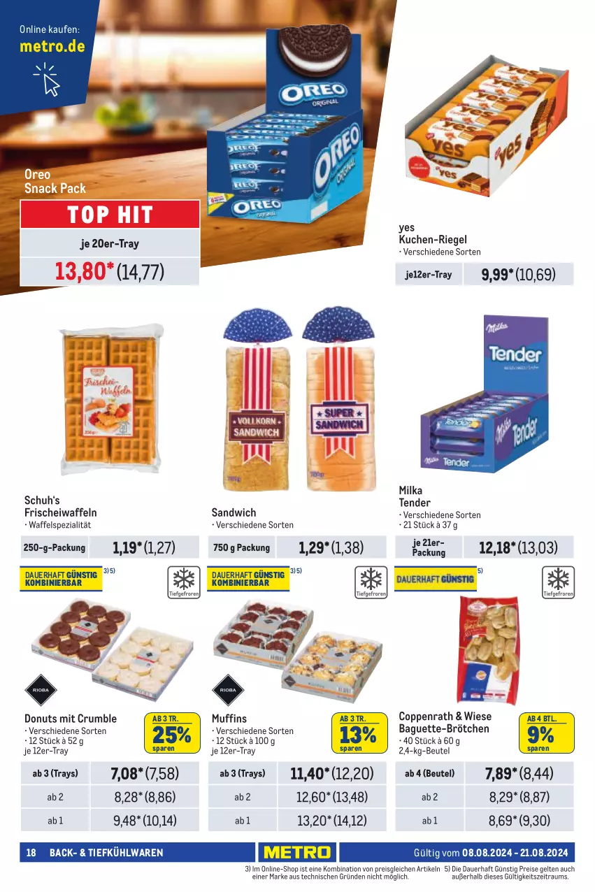 Aktueller Prospekt Metro - Händler Journal - von 08.08 bis 21.08.2024 - strona 18 - produkty: auer, baguette, beutel, brötchen, coppenrath, Donut, donuts, eis, kuchen, Metro, milka, Muffin, muffins, oreo, reis, riegel, rum, sandwich, snack, Spezi, tender, Ti, Tiefkühlware, waffeln