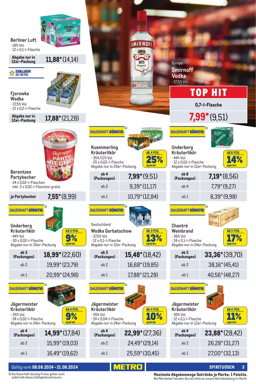 Aktueller Prospekt Metro - Händler Journal - von 08.08 bis 21.08.2024 - strona 3 - produkty: auer, Becher, berentzen, berliner, berliner luft, chantré, eis, flasche, Germ, getränk, getränke, Gorbatschow, jägermeister, kräuter, kräuterlikör, kuemmerling, likör, Meister, merl, Palette, reis, smirnoff, spirituosen, Ti, underberg, vodka, wein, weinbrand, wodka