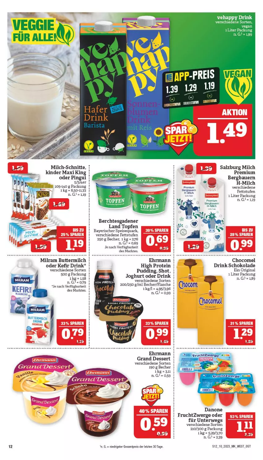 Aktueller Prospekt Marktkauf - Prospekt - von 05.03 bis 11.03.2023 - strona 12 - produkty: auer, Bau, Bauer, Becher, beere, Blaubeer, blaubeere, butter, buttermilch, danone, dessert, drink, ehrmann, eis, flasche, frucht, fruchtzwerge, gin, joghur, joghurt, Kefir, Kinder, Kinder Maxi, kinder maxi king, milch, milch-schnitte, milram, pingui, pudding, quark, reis, rwe, salz, schoko, schokolade, speisequark, tee, topf, Topfen, veggie, ZTE