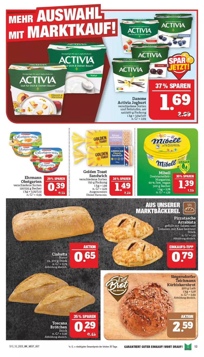 Aktueller Prospekt Marktkauf - Prospekt - von 05.03 bis 11.03.2023 - strona 13 - produkty: activia, Bau, brot, brötchen, ciabatta, ehrmann, eis, Garten, golden toast, joghur, joghurt, Käse, Kürbis, maracuja, margarine, natur, obst, obstgarten, pfirsich, pizza, reis, salami, sandwich, Tasche, tee, Ti, toast, tomate, tomaten, ZTE