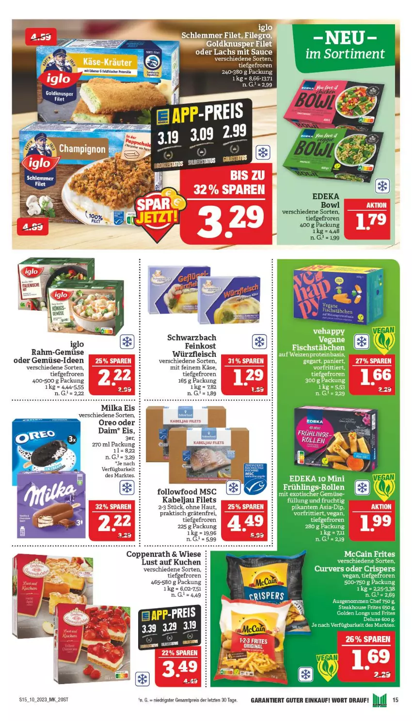 Aktueller Prospekt Marktkauf - Prospekt - von 05.03 bis 11.03.2023 - strona 15 - produkty: coppenrath, daim, deka, dip, eier, eis, feinkost, filet, filets, fleisch, frucht, Golden Longs, iglo, Käse, kuchen, lachs, Lust auf Kuchen, milka, oreo, rahm-gemüse, reis, steak, tee, Ti, tisch, ZTE