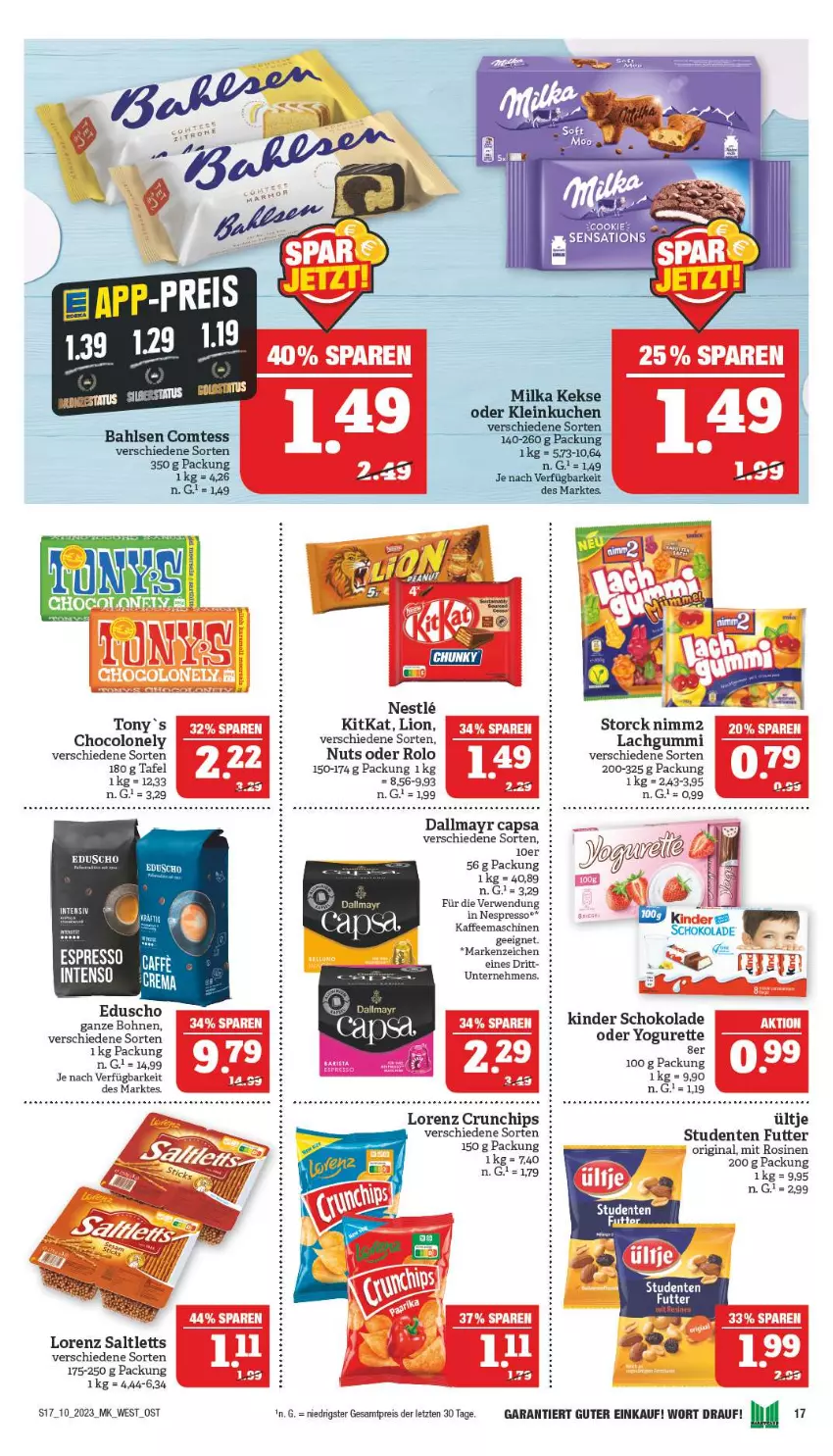 Aktueller Prospekt Marktkauf - Prospekt - von 05.03 bis 11.03.2023 - strona 17 - produkty: bahlsen, bohne, bohnen, Cap, chips, comtess, crunchips, dallmayr, eduscho, eis, ente, espresso, gin, Intel, intenso, kaffee, kaffeemaschine, Kinder, kinder schokolade, kitkat, lachgummi, lion, lorenz, lorenz crunchips, nespresso, nimm2, oder yogurette, reis, rwe, saltletts, schoko, schokolade, storck, tee, Ti, ültje, Yo, yogurette, ZTE