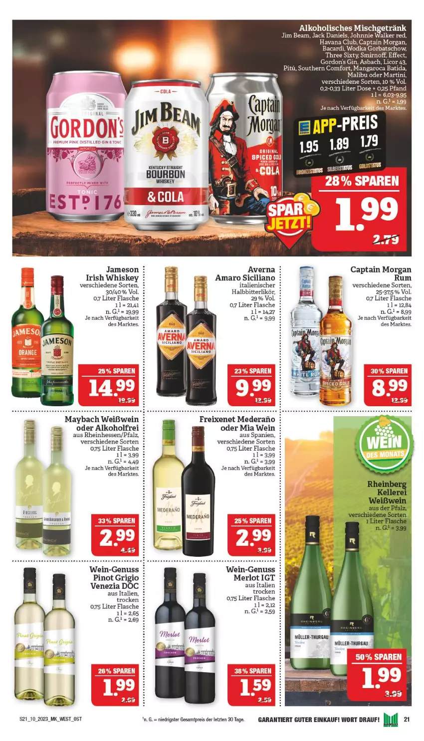 Aktueller Prospekt Marktkauf - Prospekt - von 05.03 bis 11.03.2023 - strona 21 - produkty: alkohol, amaro, averna, bacardi, batida, Cap, captain morgan, Effect, eis, flasche, freixenet, gin, Gorbatschow, gordon, gordon's, Havana Club, irish whiskey, jack daniel, jack daniels, jameson, jim beam, licor, licor 43, likör, Malibu, mangaroca, martini, maybach, merl, merlot, nuss, Pinot, pinot grigio, reis, rum, smirnoff, Southern Comfort, Three Sixty, Ti, wein, Weißwein, whiskey, wodka, ZTE