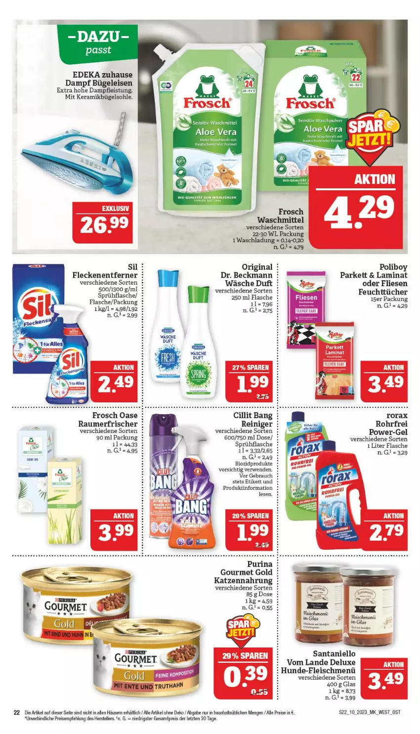 Aktueller Prospekt Marktkauf - Prospekt - von 05.03 bis 11.03.2023 - strona 22 - produkty: aloe vera, bio, biozidprodukte, bügel, Bügeleisen, Cillit, cillit bang, creme, deka, Dr. Beckmann, eis, elle, feuchttücher, flasche, Fleckenentferner, fleisch, Frosch, gin, gourmet gold, katzennahrung, laminat, power-gel, purina, Rauch, Raumerfrischer, reiniger, reis, rorax, rwe, sprühflasche, teller, Ti, tücher, waschmittel, ZTE