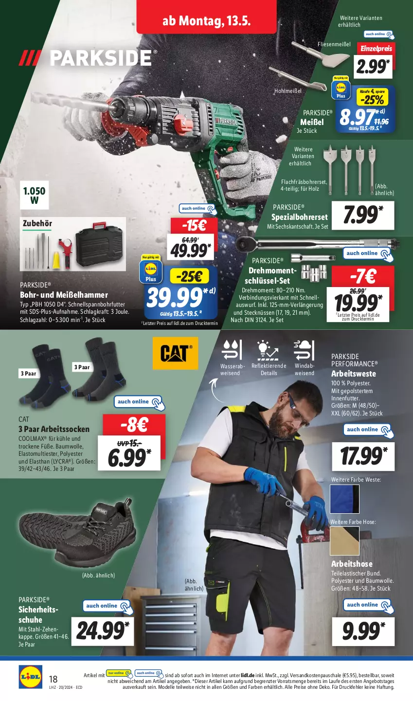 Aktueller Prospekt Lidl - Aktionsprospekt - von 13.05 bis 18.05.2024 - strona 20 - produkty: angebot, Arbeitssocken, asti, Bau, baumwolle, Bohrerset, dell, eis, elle, Holz, hose, kraft, Mode, ndk, Parkside, reis, Ria, Schal, Schale, schuhe, socken, Spezi, Ti, Tiere, tisch, wasser, Weste, wolle, ZTE