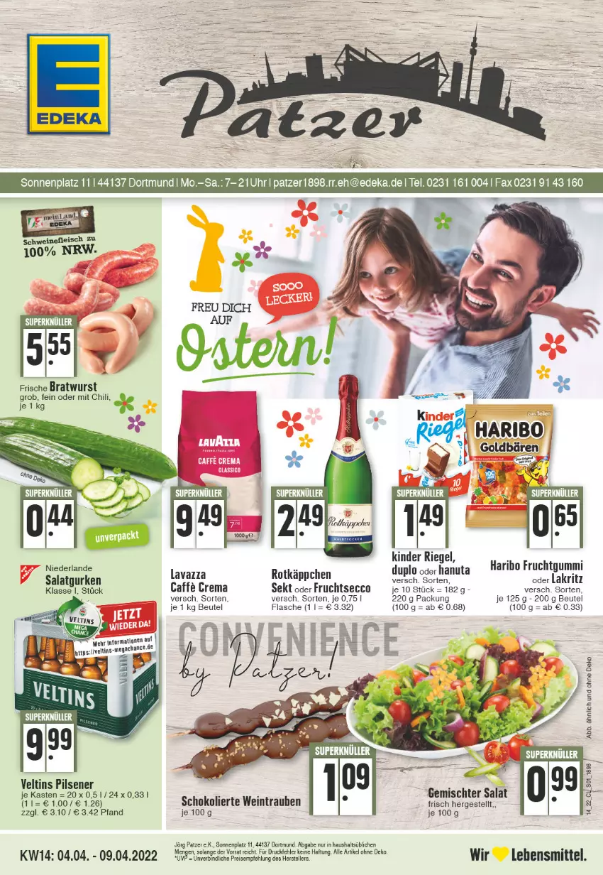 Aktueller Prospekt Edeka - Angebote der Woche - von 04.04 bis 09.04.2022 - strona 1 - produkty: beutel, bratwurst, caffe, chili, deka, duplo, ecco, eis, flasche, fleisch, frucht, fruchtgummi, fruchtsecco, gurke, gurken, hanuta, haribo, Lakritz, lavazza, lebensmittel, nuk, oder lakritz, pils, pilsener, rotkäppchen, salat, Salatgurke, salatgurken, schoko, schwein, schweine, schweinefleisch, sekt, Ti, trauben, uhr, veltins, veltins pilsener, wein, weine, wurst