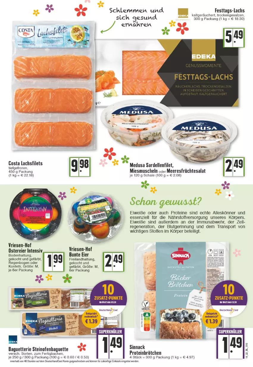 Aktueller Prospekt Edeka - Angebote der Woche - von 04.04 bis 09.04.2022 - strona 15 - produkty: baguette, brötchen, dell, deutschlandcard, eier, elle, erde, filet, filets, früchte, lachs, lachsfilet, lachsfilets, meeresfrüchte, Muscheln, Ofen, salat, salz, Sardellen, Schal, Schale, sinnack, Sport, steinofen, tesa, Ti