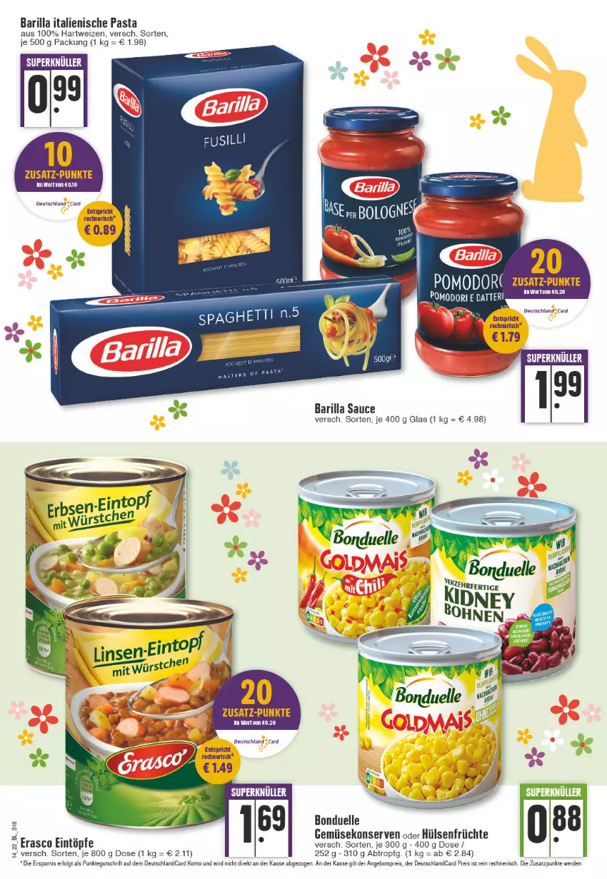 Aktueller Prospekt Edeka - Angebote der Woche - von 04.04 bis 09.04.2022 - strona 18 - produkty: angebot, angebotspreis, barilla, bonduelle, deutschland card, deutschlandcard, eintöpfe, eis, elle, erasco, erde, früchte, Gemüsekonserve, hartweizen, hülsenfrüchte, italienische pasta, Konserven, LG, pasta, reis, sauce, senf, spaghetti, spaghetti n.5, Ti