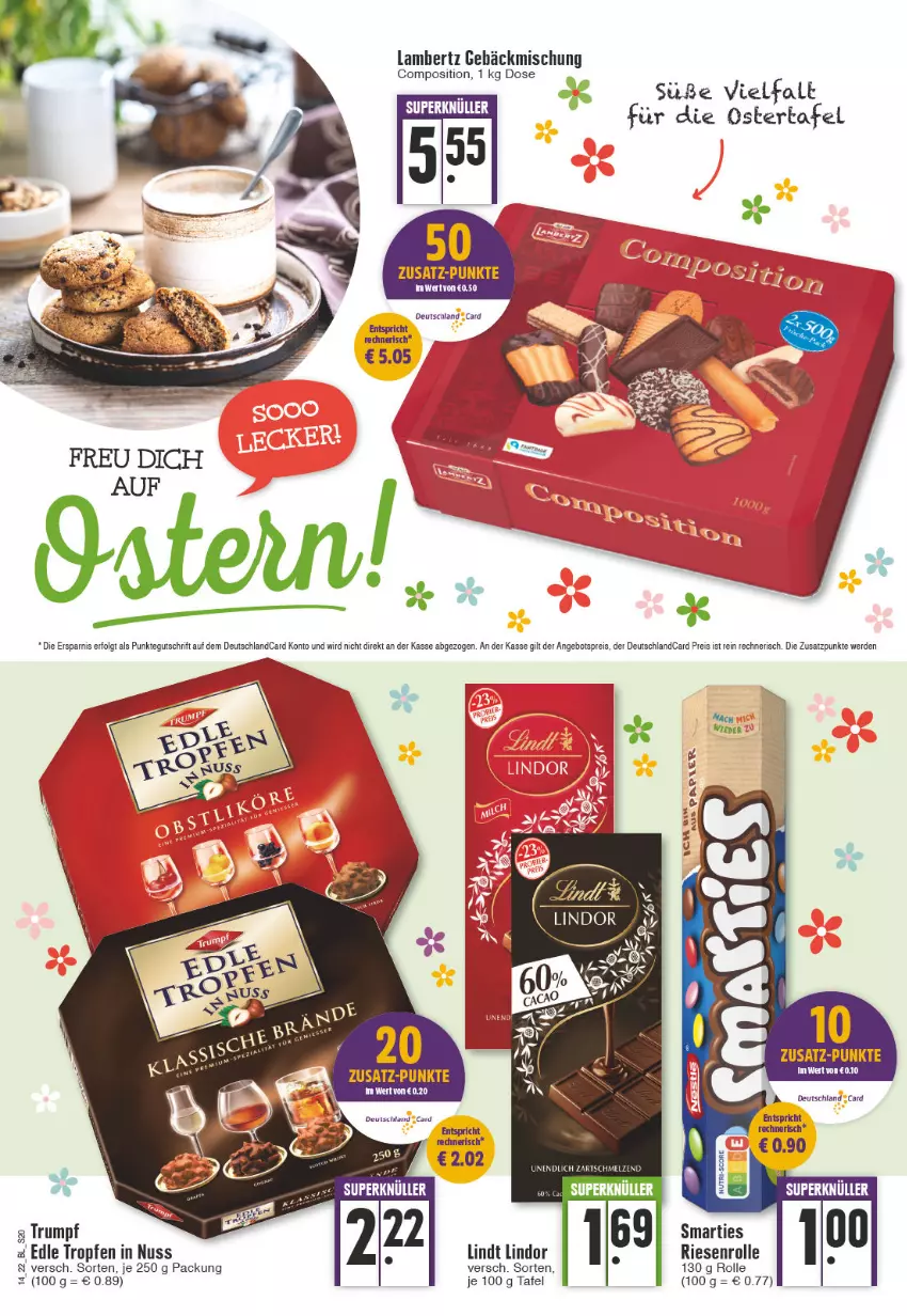 Aktueller Prospekt Edeka - Angebote der Woche - von 04.04 bis 09.04.2022 - strona 20 - produkty: Amber, gebäckmischung, lambertz, lindor, lindt, nuss, papier, rum, smarties, Ti