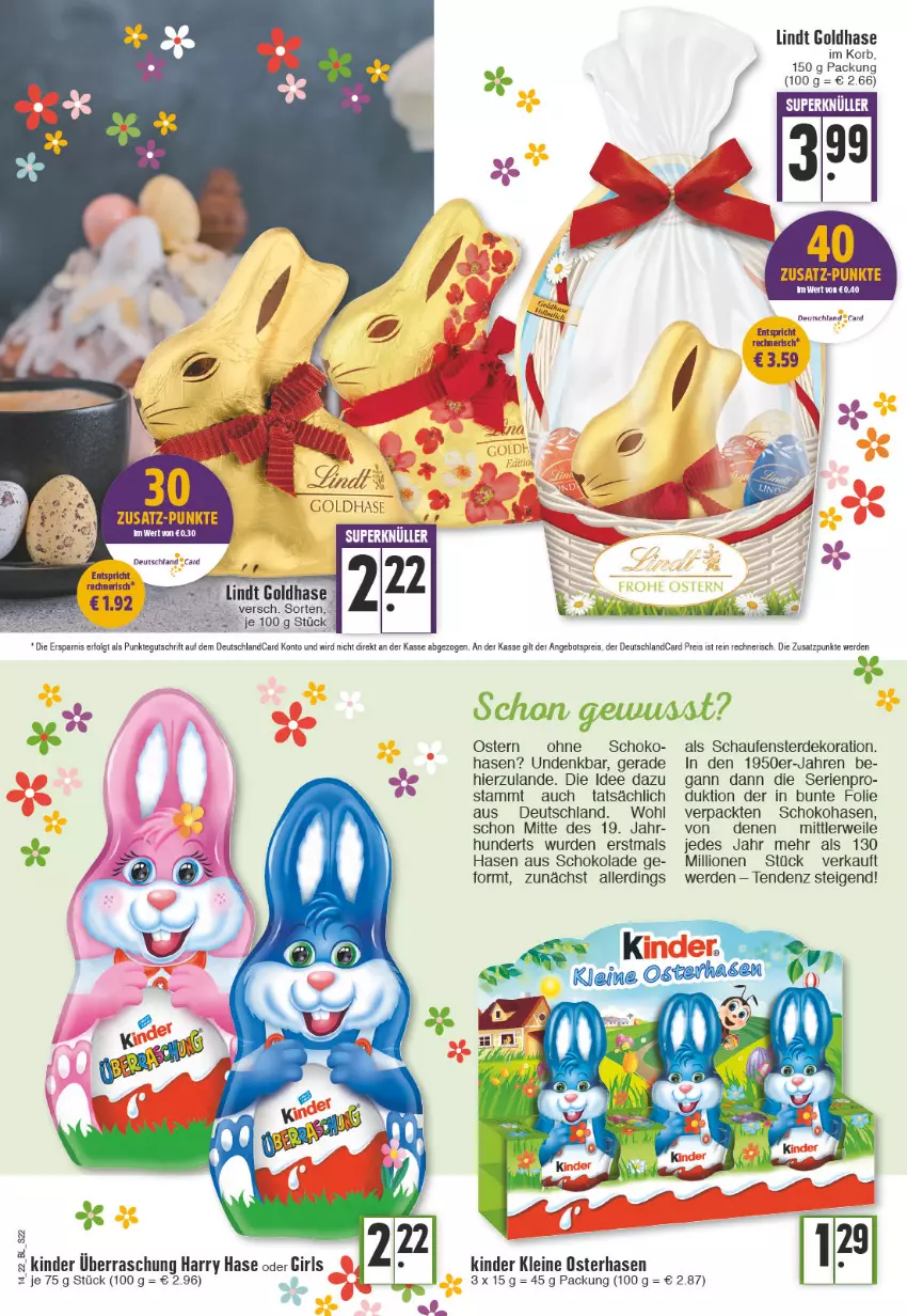 Aktueller Prospekt Edeka - Angebote der Woche - von 04.04 bis 09.04.2022 - strona 22 - produkty: angebot, angebotspreis, dekoration, deutschlandcard, eis, erde, fenster, Kinder, korb, leine, LG, lindt, lion, reis, rwe, schoko, schokolade, Ti