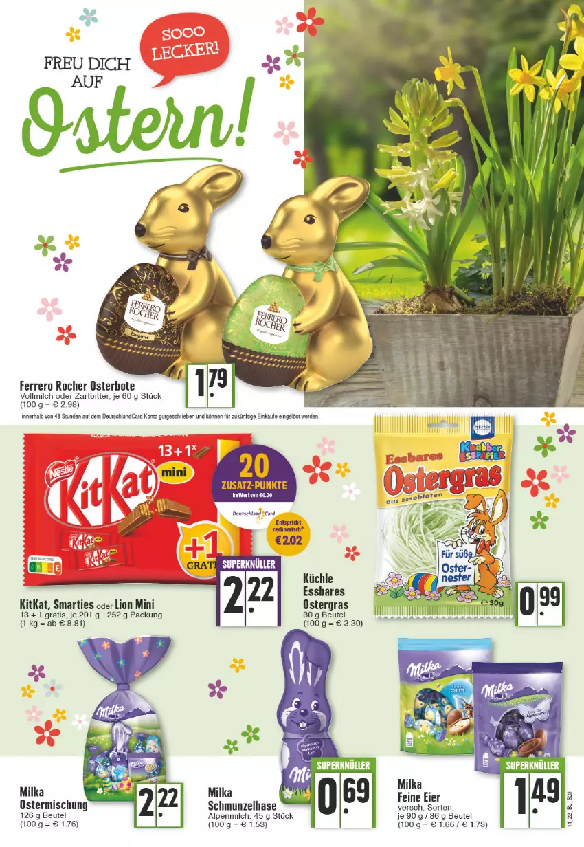 Aktueller Prospekt Edeka - Angebote der Woche - von 04.04 bis 09.04.2022 - strona 23 - produkty: alpenmilch, beutel, deutschlandcard, eier, erde, ferrero, Ferrero Rocher, kitkat, lion, milch, milka, smarties, tee, Ti, vollmilch