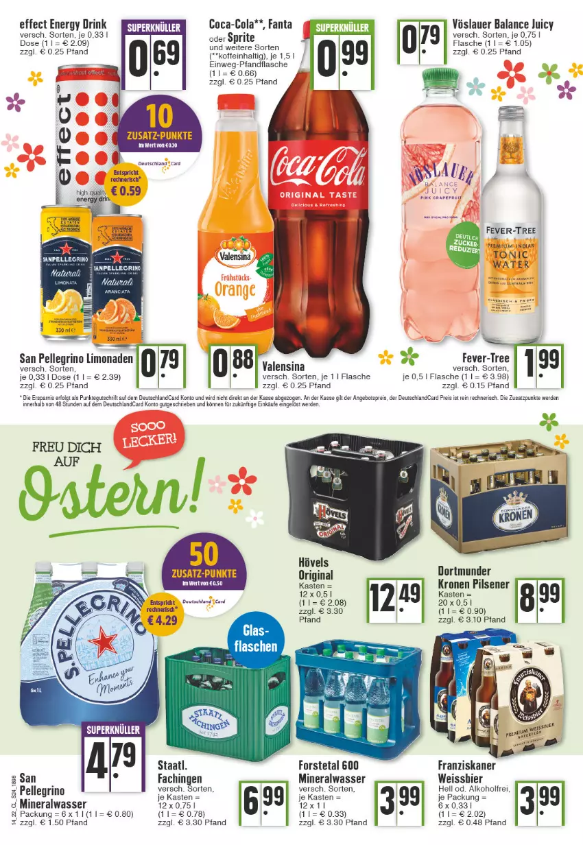 Aktueller Prospekt Edeka - Angebote der Woche - von 04.04 bis 09.04.2022 - strona 24 - produkty: alkohol, Alwa, angebot, angebotspreis, auer, bier, coca-cola, cola, deutschland card, deutschlandcard, drink, Effect, eis, elle, energy drink, erde, fanta, fanta oder, fanta oder sprite, fever-tree, flasche, Forstetal, franziskaner, gin, krone, LG, limo, mineralwasser, oder sprite, pils, pilsener, reis, rind, san pellegrino, sprite, Ti, tonic, tonic water, vöslauer, wasser, weissbier