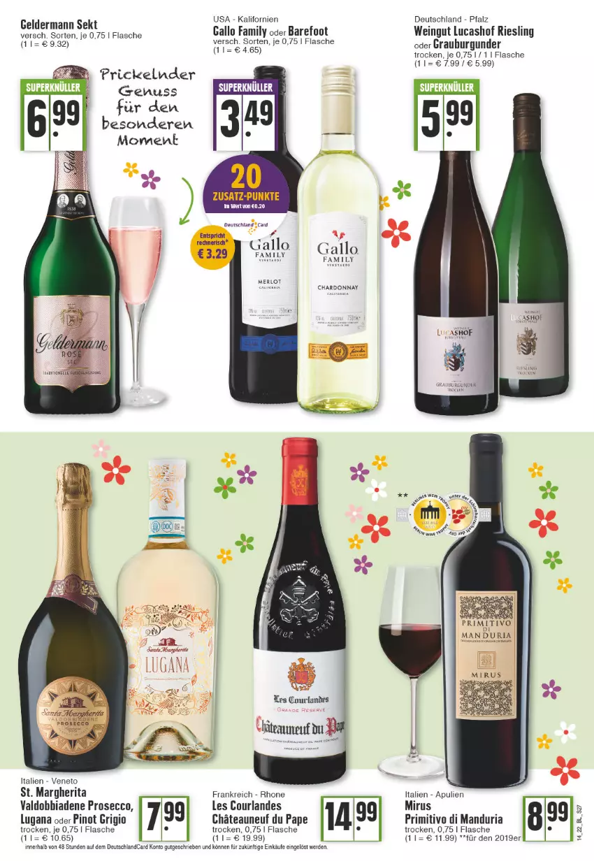 Aktueller Prospekt Edeka - Angebote der Woche - von 04.04 bis 09.04.2022 - strona 27 - produkty: burgunder, chardonnay, deutschlandcard, ecco, erde, flasche, gallo, gallo family, geldermann, grauburgunder, margherita, merl, merlot, nuss, Pinot, pinot grigio, primitivo, prosecco, Ria, riesling, sekt, Ti, valdo, wein