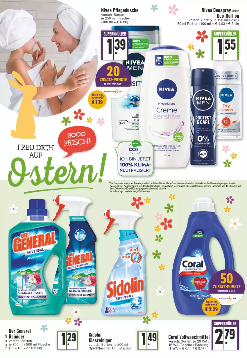 Aktueller Prospekt Edeka - Angebote der Woche - von 04.04 bis 09.04.2022 - strona 28 - produkty: angebot, angebotspreis, bio, colorwaschmittel, Coral, creme, deo, deospray, deutschlandcard, dusche, eis, erde, flasche, LG, nivea, pflegedusche, reiniger, reis, roll-on, sprühflasche, tee, tender, Ti, vollwaschmittel, waschmittel