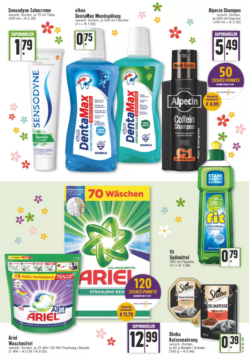 Aktueller Prospekt Edeka - Angebote der Woche - von 04.04 bis 09.04.2022 - strona 29 - produkty: alpecin, ariel, ariel waschmittel, beutel, cin, creme, eis, elkos, elle, energizer, flasche, fleisch, HP, katzennahrung, mundspülung, Schal, Schale, sensodyne, shampoo, sheba, spülmittel, spülung, tee, Ti, waschmittel, zahncreme