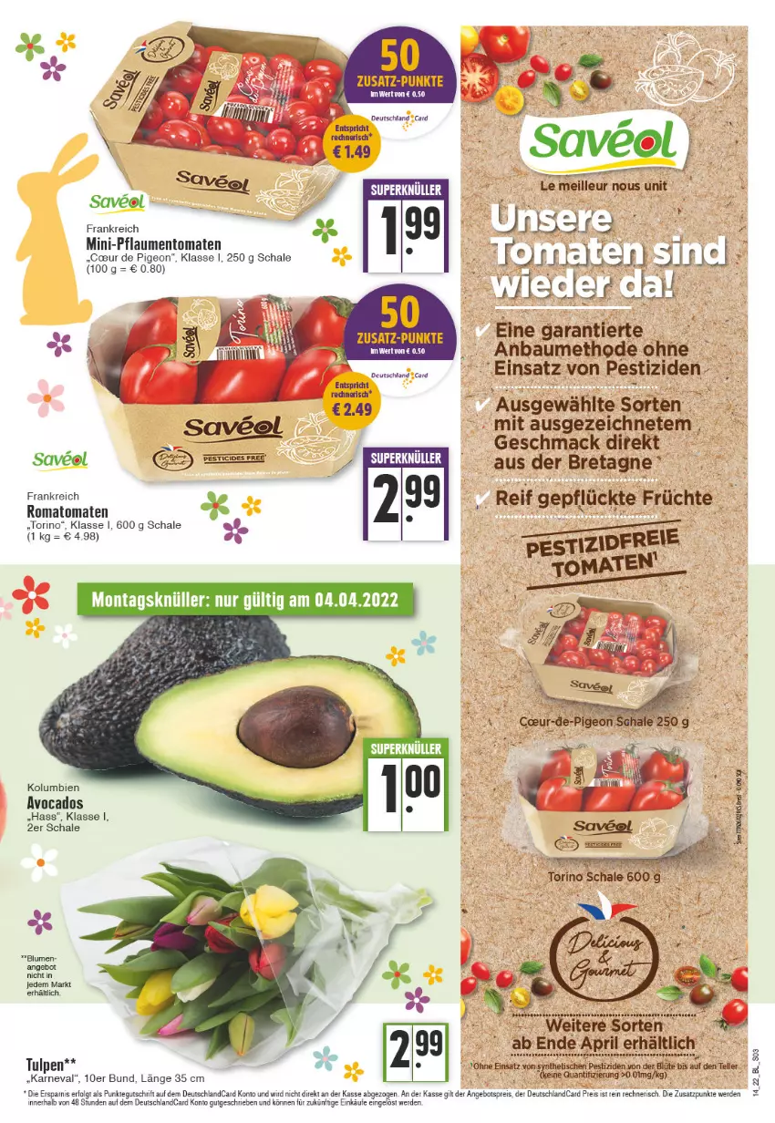 Aktueller Prospekt Edeka - Angebote der Woche - von 04.04 bis 09.04.2022 - strona 3 - produkty: avocado, avocados, deutschlandcard, eier, eis, erde, LG, pflaume, pflaumen, pril, reis, Romatomaten, Schal, Schale, Ti, tomate, tomaten