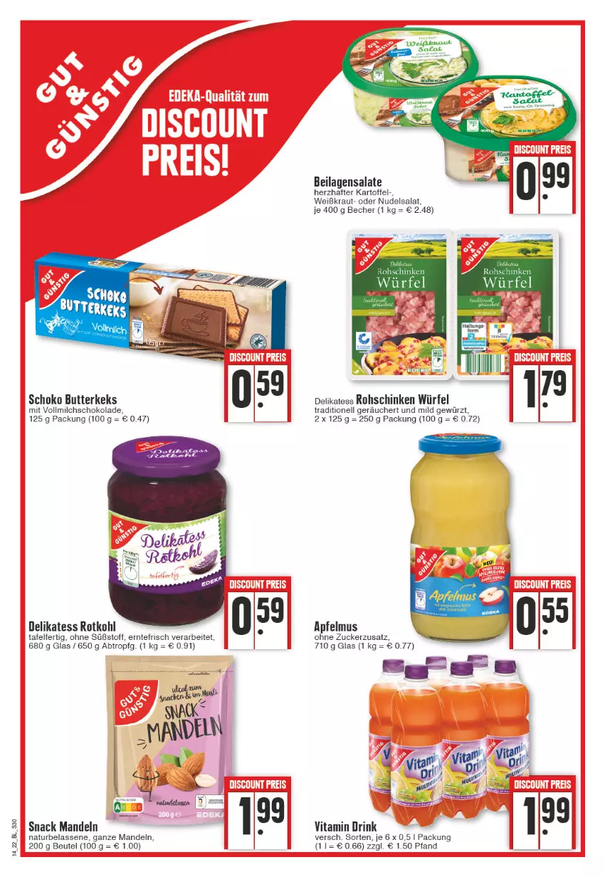 Aktueller Prospekt Edeka - Angebote der Woche - von 04.04 bis 09.04.2022 - strona 30 - produkty: apfel, apfelmus, Becher, beutel, butter, butterkeks, drink, gewürz, ilag, kartoffel, keks, Kraut, mandel, mandeln, milch, natur, nudel, nudelsalat, rohschinken, rotkohl, salat, salate, schinken, schoko, schokolade, snack, Ti, vita, Vitamin D, vollmilch, würfel, zucker