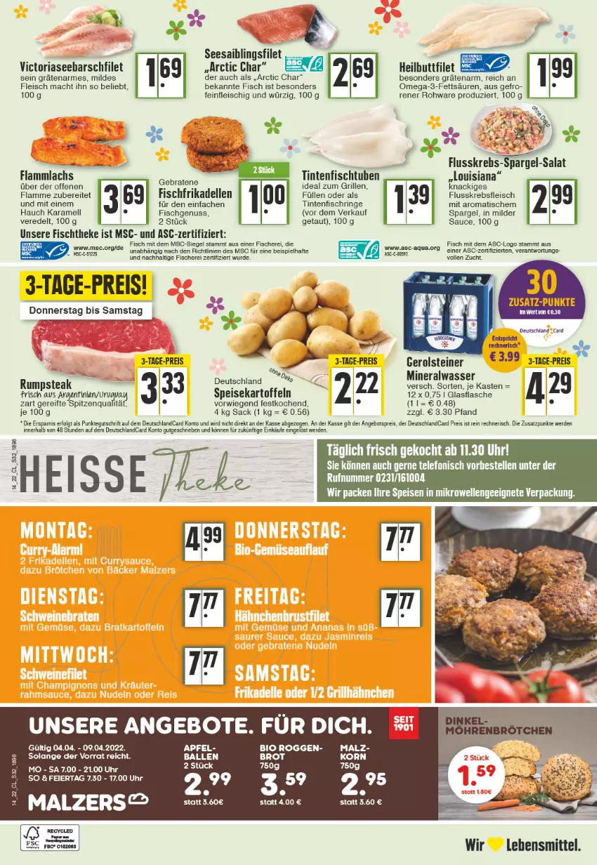 Aktueller Prospekt Edeka - Angebote der Woche - von 04.04 bis 09.04.2022 - strona 32 - produkty: Alwa, angebot, angebote, angebotspreis, apfel, aqua, ball, bio, brot, bsf, dell, deutschlandcard, eier, eis, elle, ente, erde, filet, fisch, fische, Fischer, fischtheke, flasche, fleisch, frikadellen, gerolsteine, gerolsteiner, glasflasche, grill, ideal zum grillen, karamell, korn, Krebs, lamm, lebensmittel, mac, malz, mineralwasser, nuss, omega, Omega-3, reis, Ria, ring, rum, sac, Saibling, sauce, Schere, Seesaiblingsfilet, spargel, steiner, telefon, Ti, Tintenfischringe, tisch, uhr, wasser