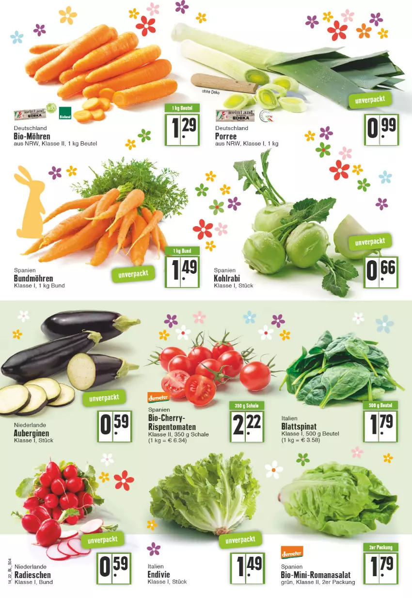 Aktueller Prospekt Edeka - Angebote der Woche - von 04.04 bis 09.04.2022 - strona 4 - produkty: aubergine, auberginen, beutel, bio, blattspinat, Bundmöhren, gin, kohlrabi, möhren, radieschen, rispentomaten, Romanasalat, salat, Schal, Schale, spinat, tomate, tomaten