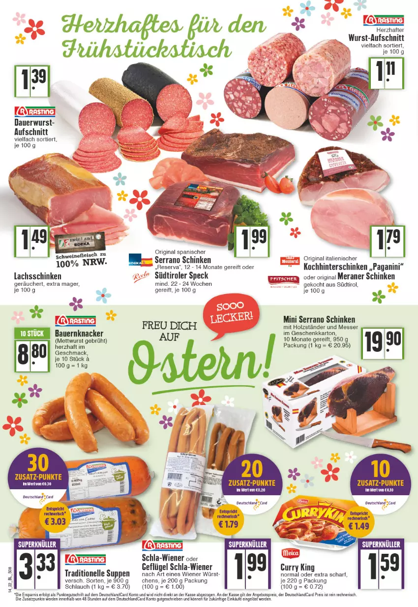 Aktueller Prospekt Edeka - Angebote der Woche - von 04.04 bis 09.04.2022 - strona 8 - produkty: auer, aufschnitt, Bau, Bauer, curry, deutschland card, deutschlandcard, eier, eis, elle, erde, fleisch, Geflügel, gin, hinterschinken, Holz, knacker, lachs, lachsschinken, LG, mac, messer, Mett, mettwurst, reis, schinken, schlauch, serrano, serrano schinken, Speck, südtiroler, suppe, suppen, Ti, wein, weine, wiener, wurst