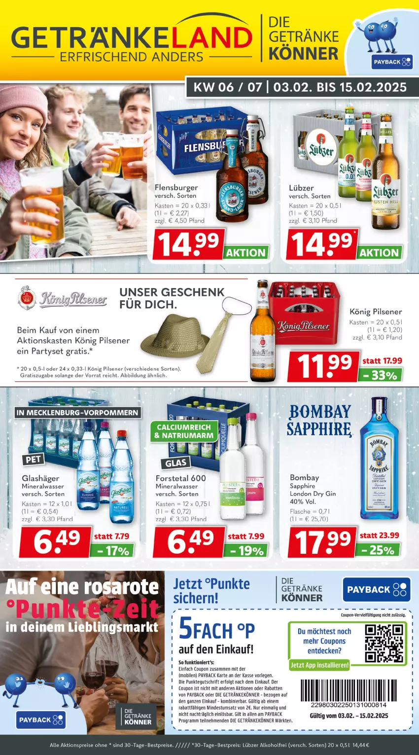 Aktueller Prospekt Getraenkeland - von 03.02 bis 15.02.2025 - strona 1 - produkty: aktionspreis, alkohol, Alwa, bestpreis, bestpreise, bombay sapphire, burger, coupon, decke, dry gin, eis, flasche, flensburger, Forstetal, getränk, getränke, gin, könig pilsener, LG, london dry, london dry gin, Lübzer, mineralwasser, payback, pils, pilsener, reis, sapphire, Ti, wasser