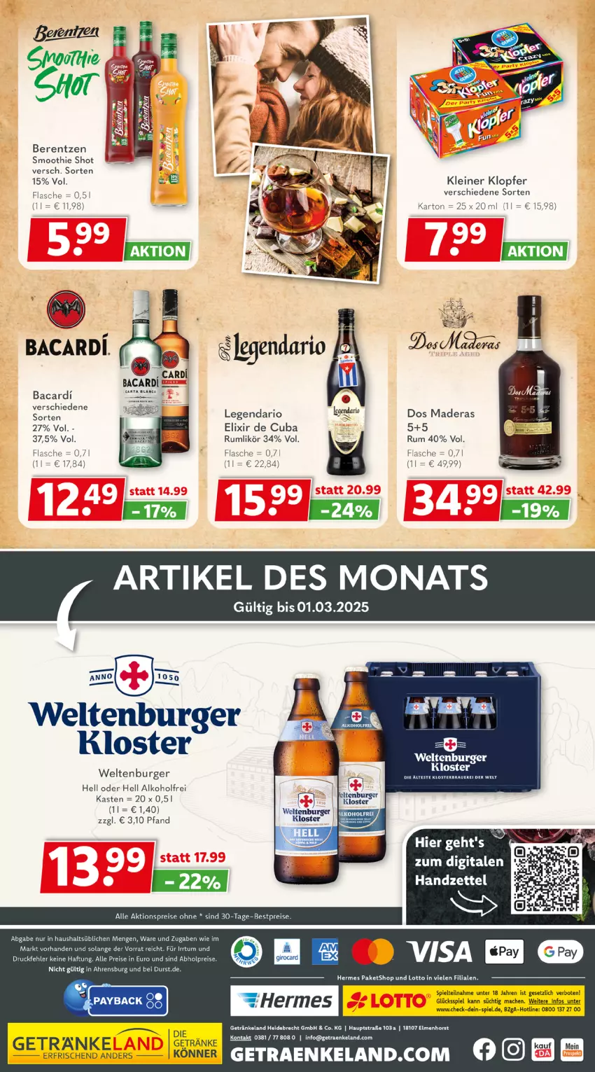 Aktueller Prospekt Getraenkeland - von 03.02 bis 15.02.2025 - strona 6 - produkty: abholpreise, aktionspreis, alkohol, bacardi, berentzen, bestpreis, bestpreise, burger, eis, Elan, flasche, getränk, getränke, kleiner klopfer, leine, likör, mac, payback, reis, rum, smoothie, Ti