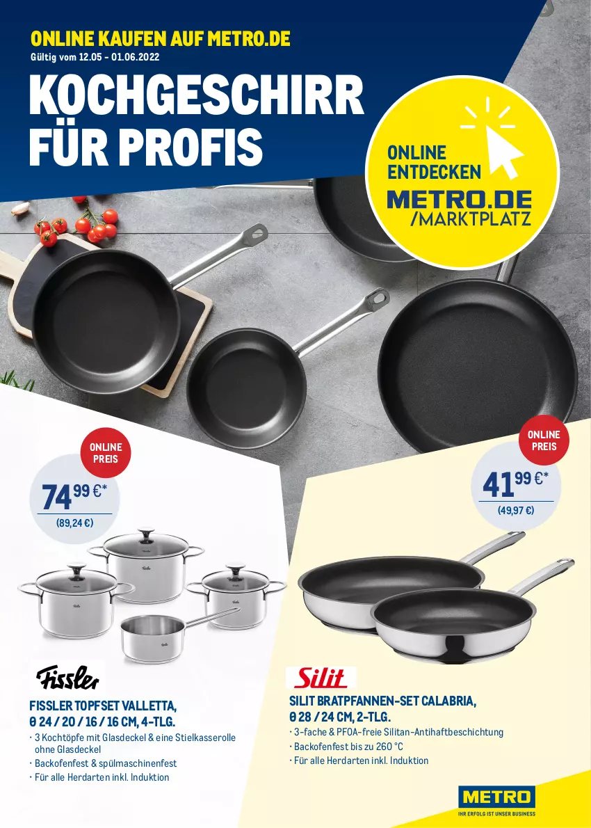 Aktueller Prospekt Metro - ONLINE-MARKTPLATZ - von 12.05 bis 01.06.2022 - strona 1 - produkty: backofen, bratpfanne, Bratpfannen-set, decke, Deckel, eis, fissler, geschirr, Glasdeckel, herdarten, LG, Metro, Ofen, pfanne, pfannen, pfannen-set, reis, Ria, spülmaschinen, stielkasserolle, Ti, topf, Topfset, valletta