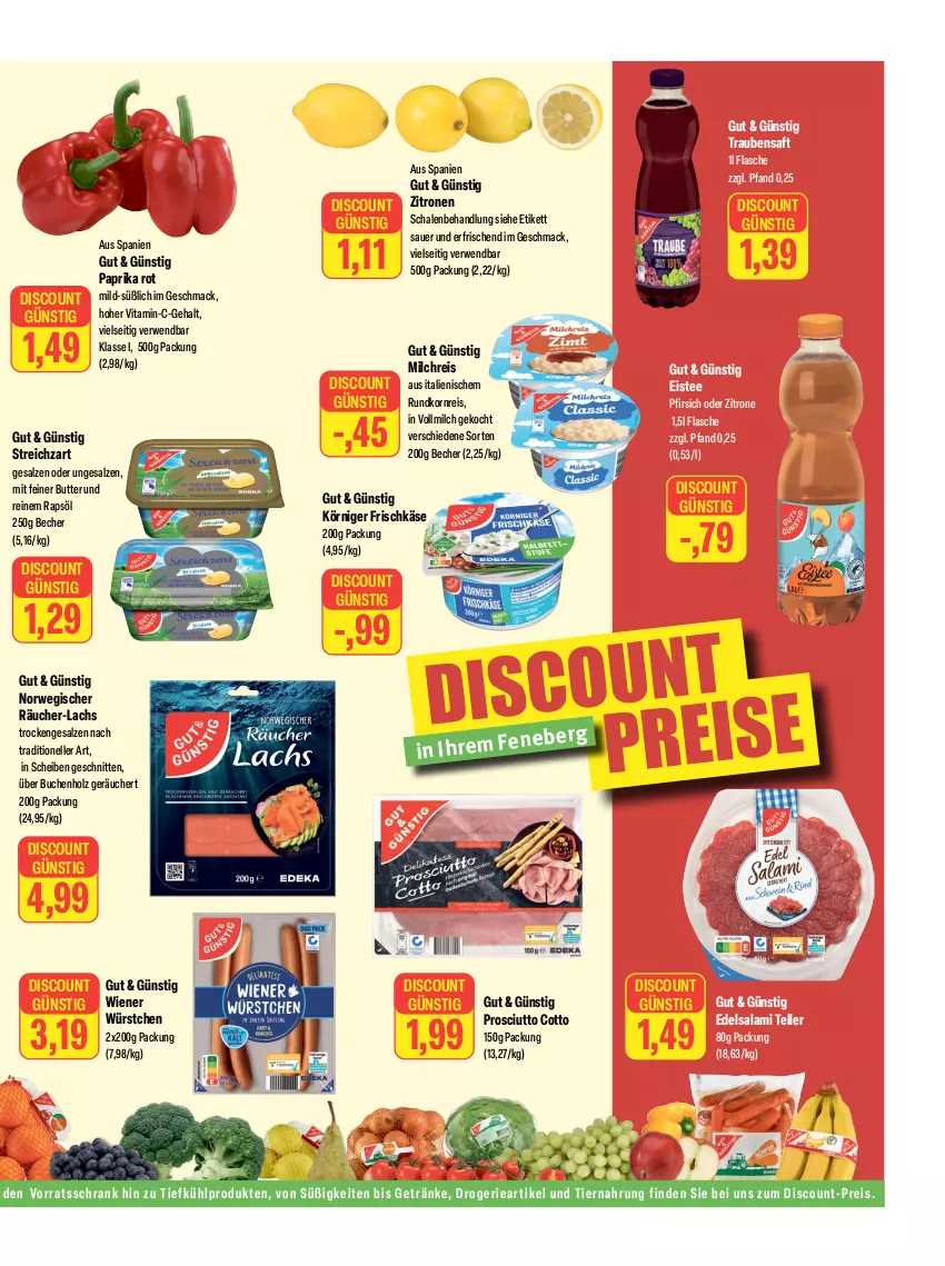 Aktueller Prospekt Feneberg - Prospekte - von 19.10 bis 21.10.2023 - strona 11 - produkty: auer, Becher, buch, butter, discount, Edelsalami, eis, eistee, elle, flasche, frischkäse, getränk, getränke, Holz, Käse, korn, Körniger Frischkäse, lachs, mac, milch, milchreis, ndk, paprika, paprika rot, pfirsich, prosciutto, prosciutto cotto, rapsöl, reis, rwe, saft, salami, salz, Schal, Schale, schnitten, Schrank, Streichzart, tee, teller, Ti, tiernahrung, trauben, Traubensaft, vita, vollmilch, vorratsschrank, wiener, würstchen, zitrone, zitronen